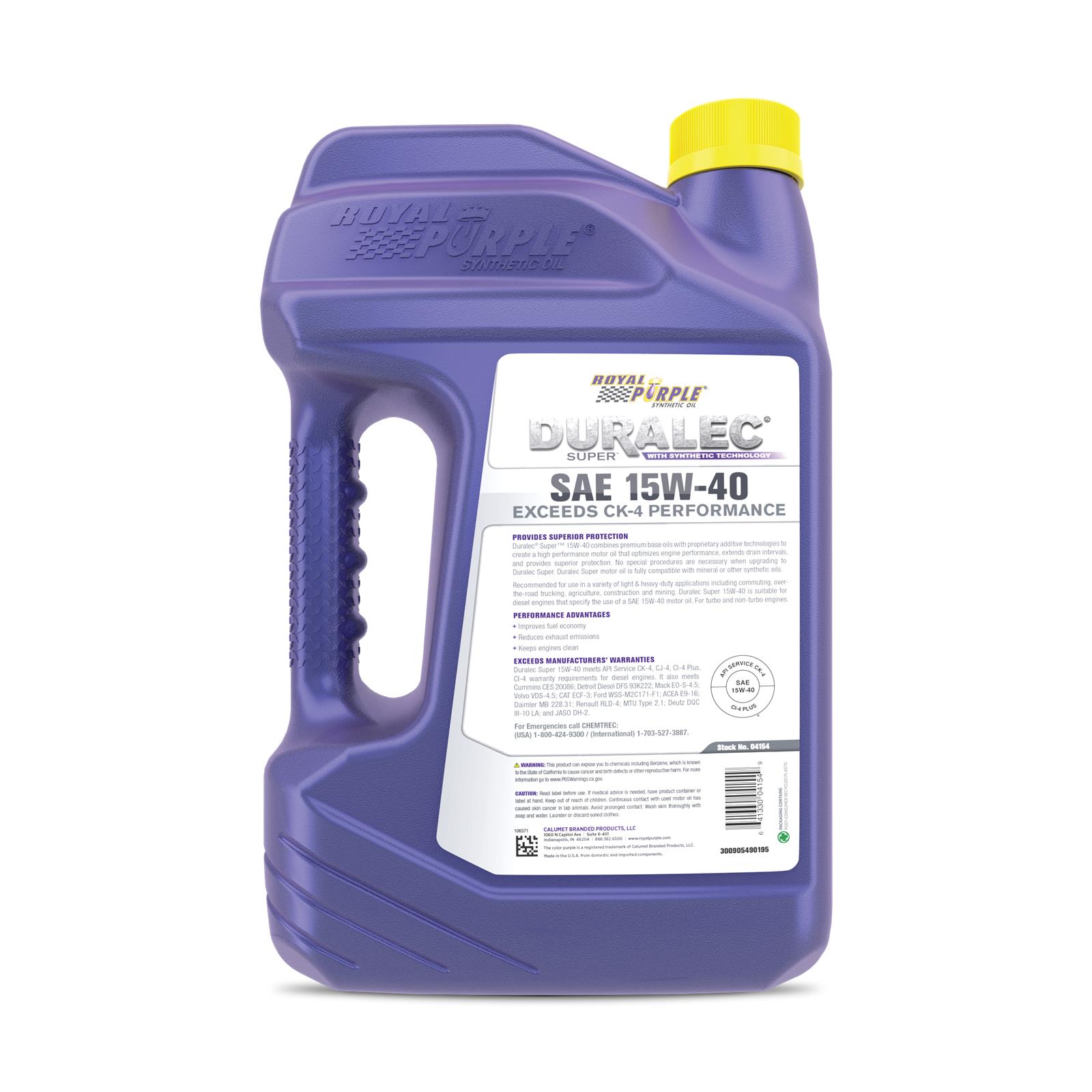 15w40 Royal Purple Duralec Super Diesel Motor Oil 04154 Engine Oil, Super, Synthetic, 15W40, Gallon, Each
