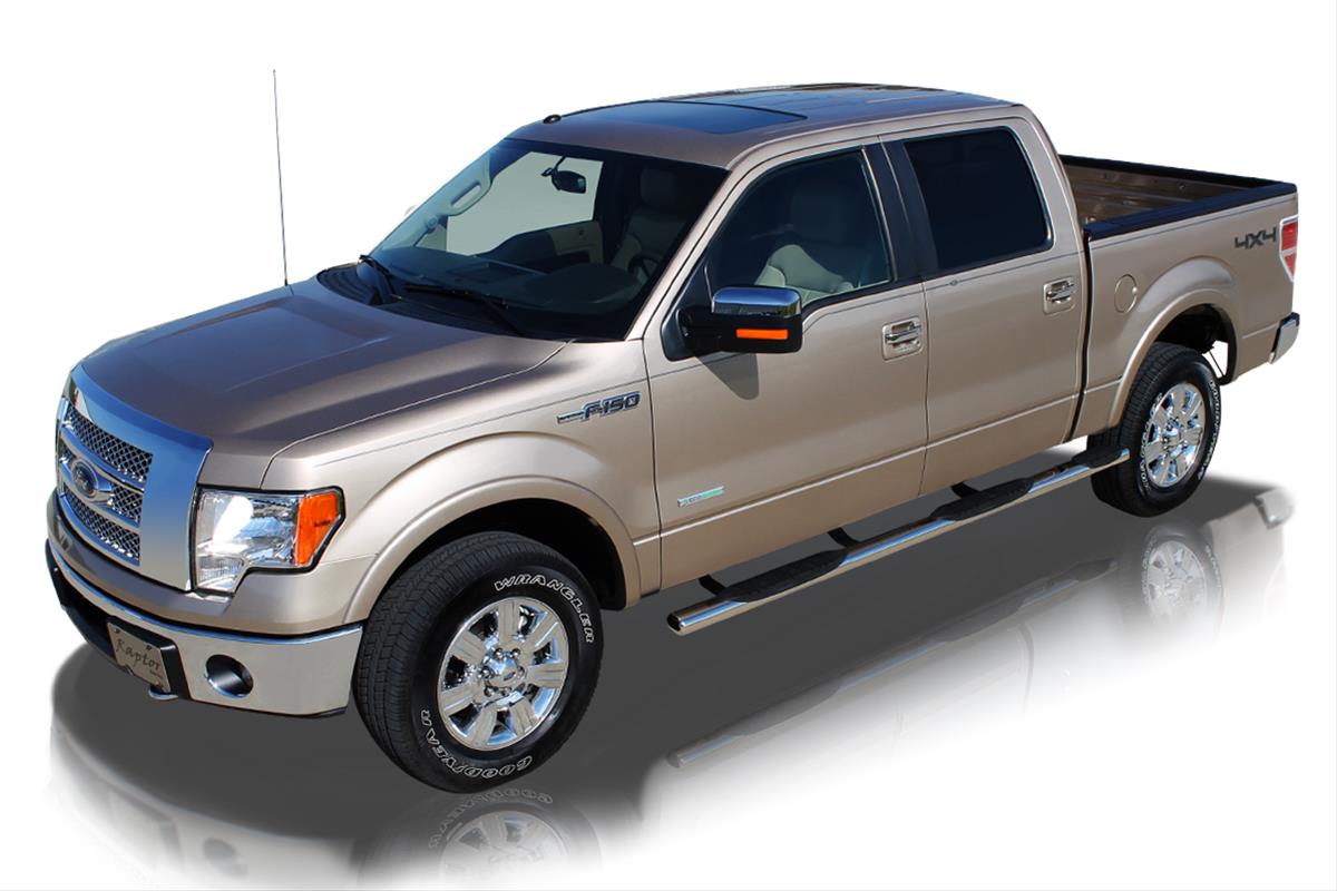 Raptor Series 4 in. Wheel-to-Wheel Oval Tube Side Step Bars for 2009-2014 F-150 - 0403-0186 Nerf Bar, 4" SS Wheel to Wheel, Polished Stainless Steel, 09-14 Ford Crew Cab (5.5ft Bed)