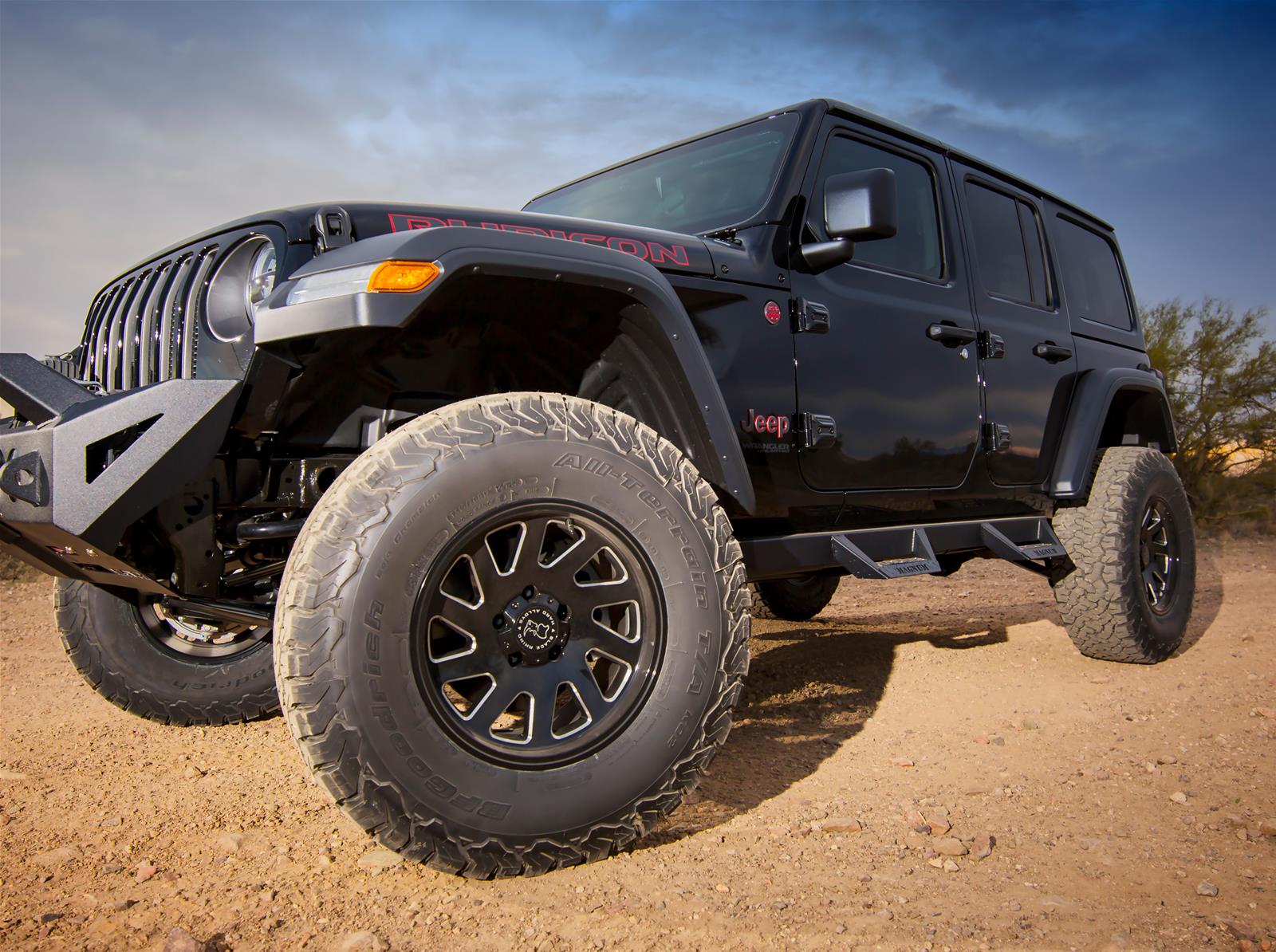 Raptor Series Magnum RT Drop Steps for 2018-2025 WRANGLER - RTS74JP Step Bar, RT, Angular Drop-Down, Non-Slip, Slotted, Steel, Black Powdercoated, Jeep, Pair