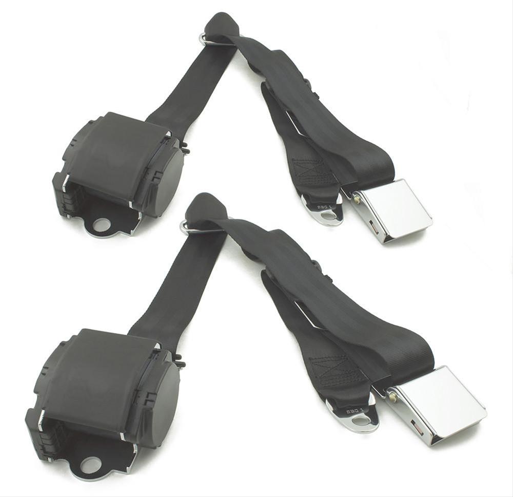 RetroBelt Black Pushbutton Retractable Lap Seat Belt - Bench Seat With Hardware, FMVSS Certified
