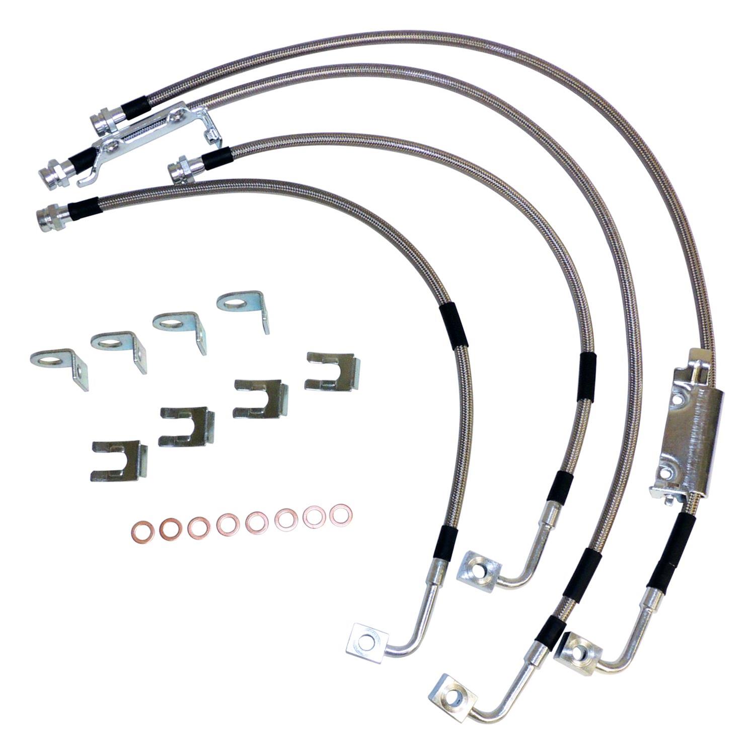 RT Off-Road Brake Hose Kits RT31049 Hoses, Stainless Steel, Braided Kit, includes Front/Rear Lines, Retainers, Axle Mounting Brackets, Washers, Jeep, Set of 4