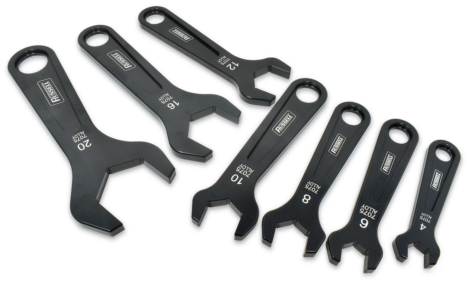 Russell AN Hose End Wrenches 750100 Wrench Kit, 7-Piece, Aluminum, Black, -4 through -20 AN, Kit