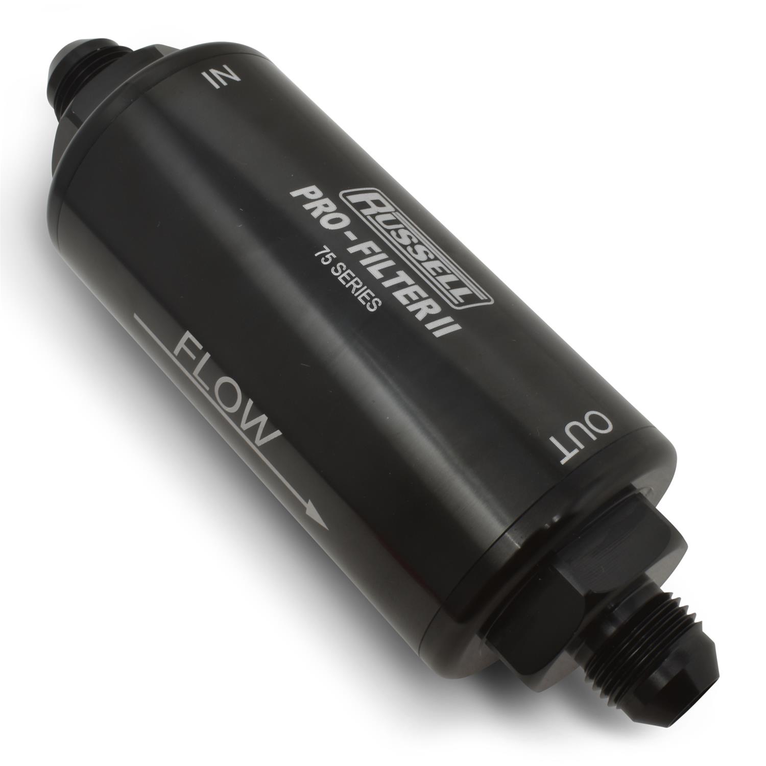 Russell ProFilter 2 100 Microns Fuel Filter with -6 AN Inlet Size 750610 Filter, Pro-Filter 2, 75 Series, Male In/Out, Microns, 6.25 in. Length, Aluminum, Black, Each