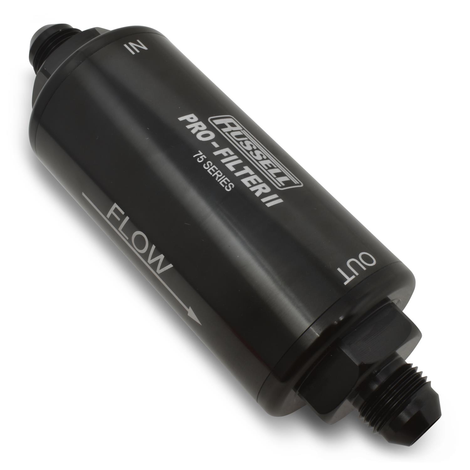 Russell ProFilter 2 100 Microns Fuel Filter with -8 AN Inlet Size 750810 Filter, Pro-Filter 2, 75 Series, Male In/Out, Microns, 6.25 in. Length, Aluminum, Black, Each