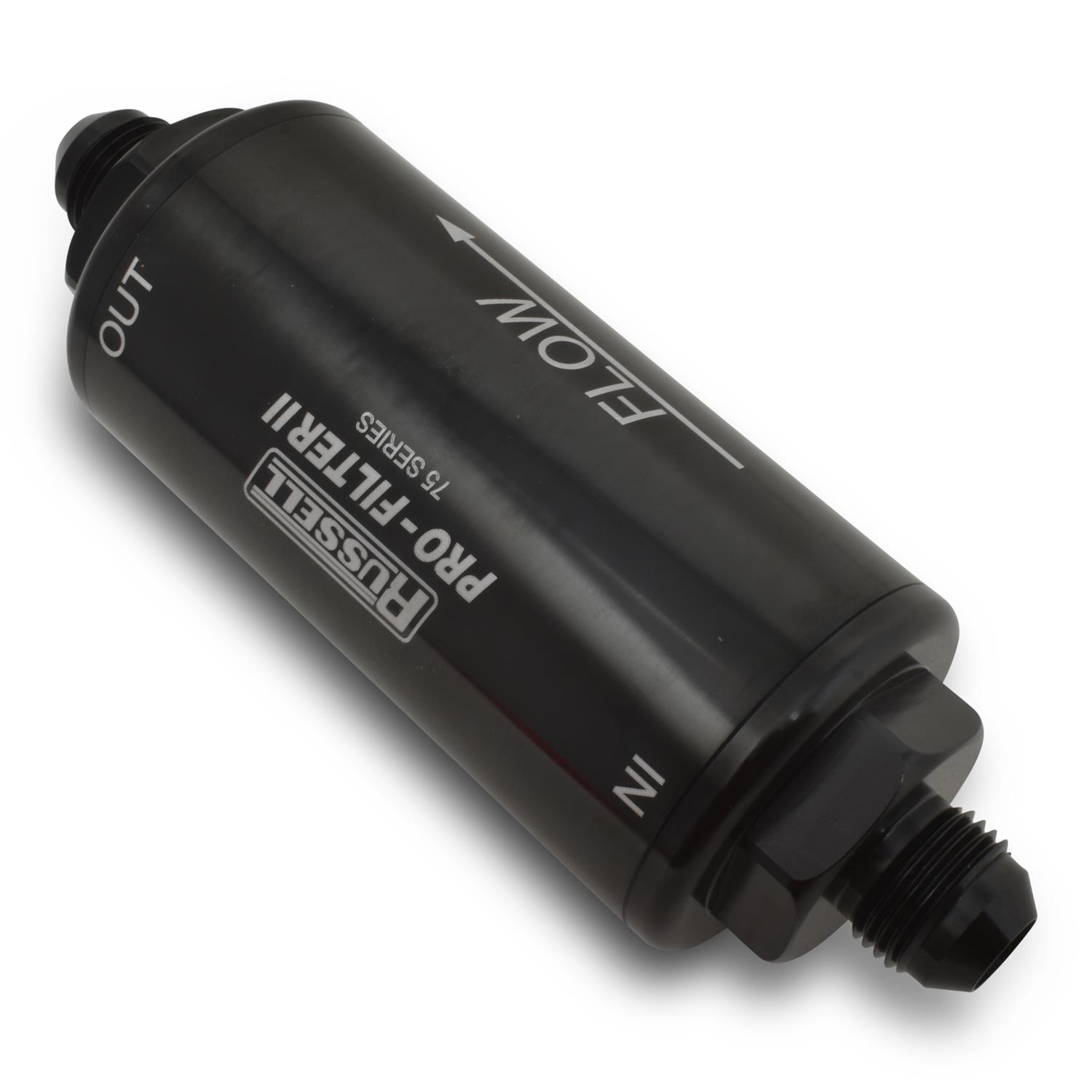 Russell ProFilter 2 100 Microns Fuel Filter with -8 AN Inlet Size 750810 Filter, Pro-Filter 2, 75 Series, Male In/Out, Microns, 6.25 in. Length, Aluminum, Black, Each thumbnail 2