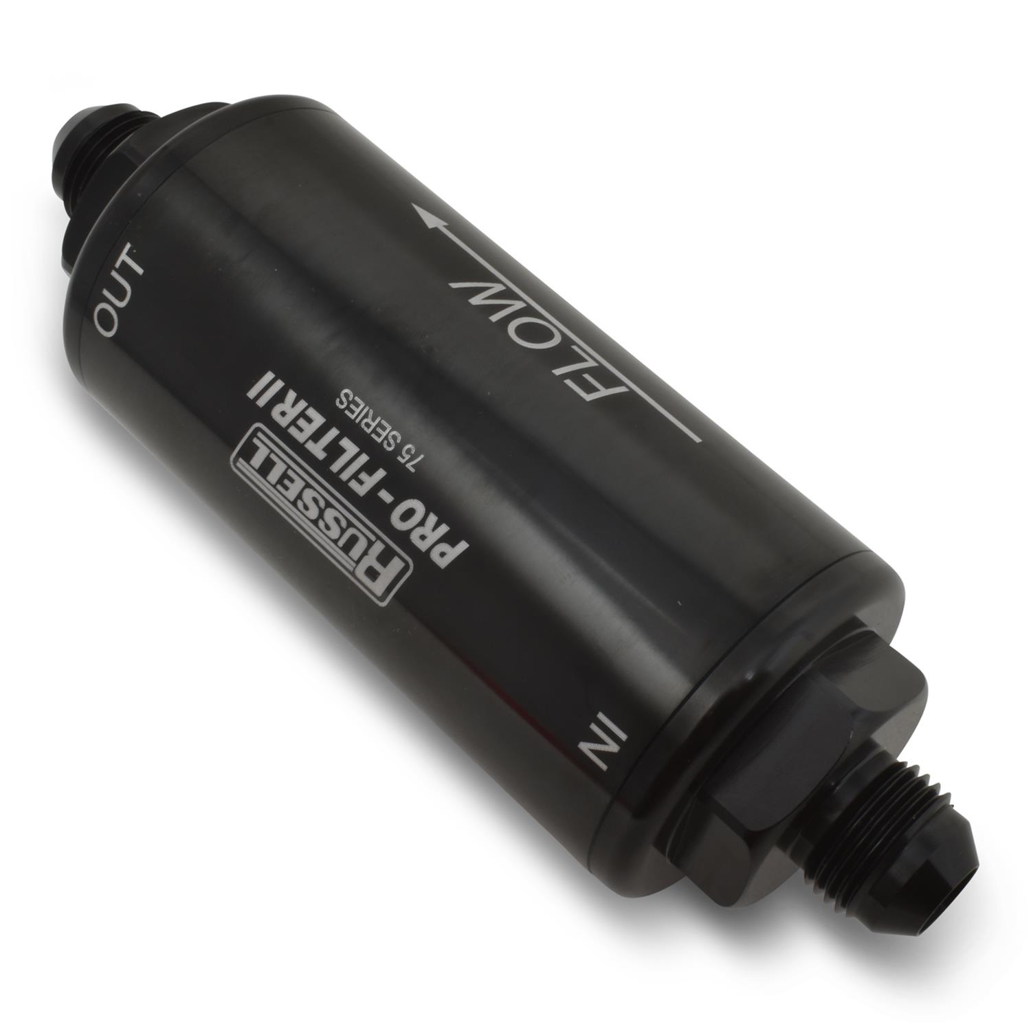 Russell ProFilter 2 100 Microns Fuel Filter with -10 AN Inlet Size 751010 Filter, Pro-Filter 2, 75 Series, Male In/Out, Microns, 6.25 in. Length, Aluminum, Black, Each thumbnail 2