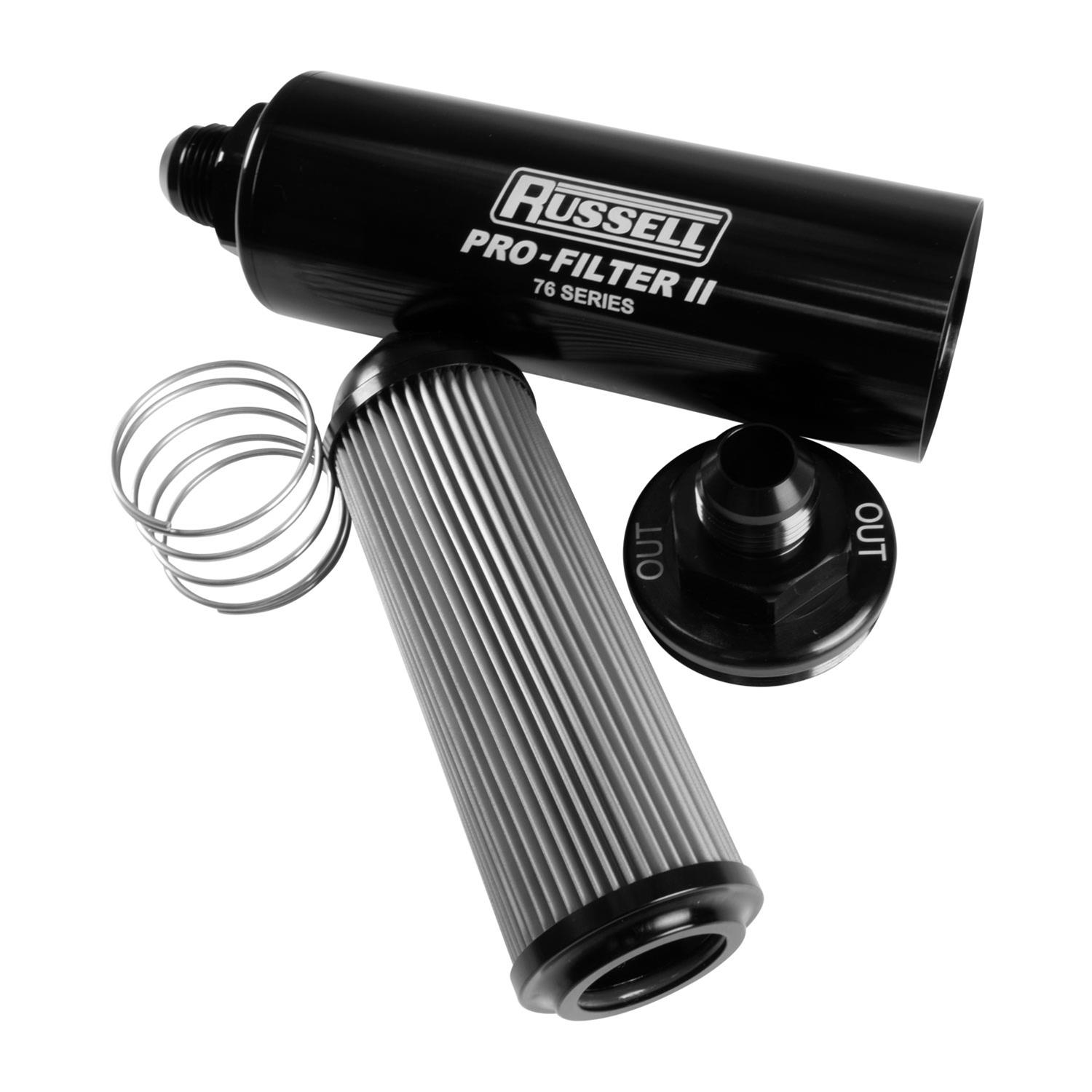 Russell ProFilter 2 10 Microns Fuel Filter with -16 AN Inlet Size 761601 Filter, Pro-Filter 2, 76 Series, Male In/Out, Microns, 9.75 in. Length, Aluminum, Black, Each