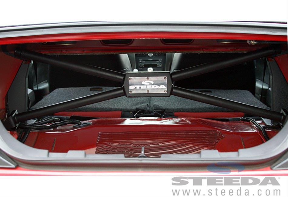 Steeda Ford Mustang Rear Chassis X-Braces for 2005-2014 MUSTANG - 555-5093 X-Brace, Rear, Chromoly, Black Powdercoated, Does NOT Require Seat Delete, Mustang, Each thumbnail 2