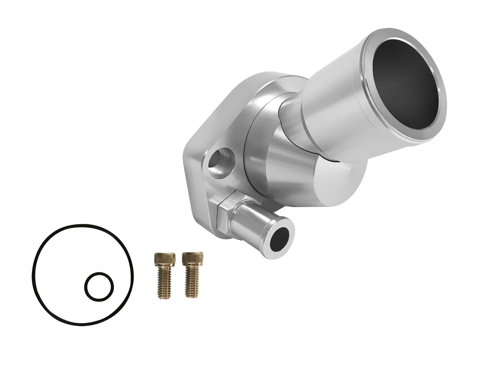 Scott Drake Swivel Water Necks B-8592 Neck, Swivel, 45 degree, O-ring Sealing Style, Billet Aluminum, Polished, Ford, Small Block Windsor, Each