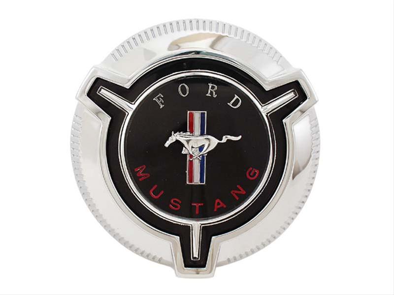 Scott Drake Fuel Tank Caps C7ZZ-9030-A Cap, Tri-bar Design, Chrome/Black, Standard Running Pony Logo, Ford, Each