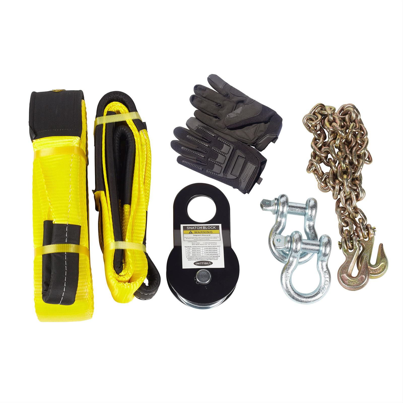Smittybilt Premium Winch Accessory Kits S/B2725 Tow Strap, Accessory, Pulley Block, Tree Trunk Protector, Two Shackles, Chain, Gloves, Black Bag, Kit thumbnail 5
