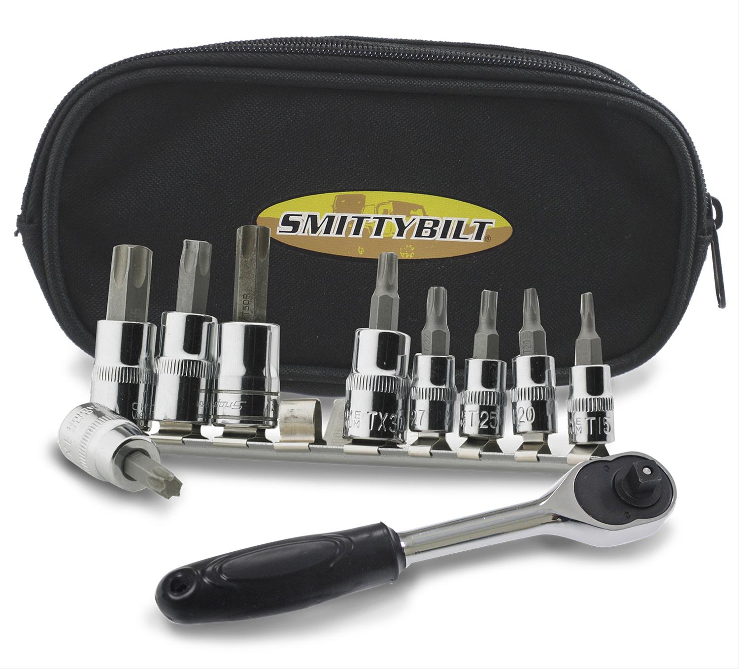 Smittybilt Torx Multi-Tool Kits S/B2830 Socket Set, Bits, Vanadium Steel, 1/4 in., 3/8 in. Drive, T-15-T-55, Ratchet, Nylon Storage Case, Set