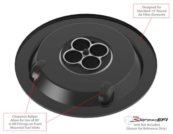 Holley Sniper Air Cleaner Assemblies 120-541 Assembly, Sniper, 14 in. Diameter, Round, Dropped, Steel, Black Finish, Embossed Logo, 4 in. Filter, Paper Element, Each thumbnail 3