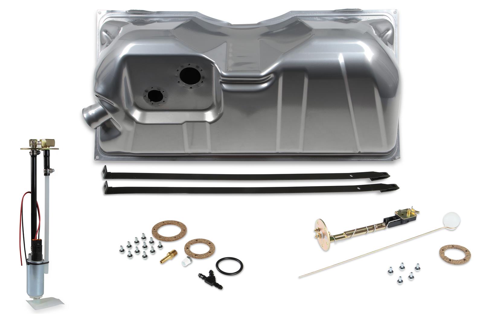 Holley Sniper EFI Fuel Tank Systems 19-190 Tanks, Sniper, 17 Gallon, Steel, Silver, Pump, 13.5V, 67 gph, 1/4 in. Female Thread, 0-30 ohm Sending Unit, Chevy, Nomad, Sedan, Kit