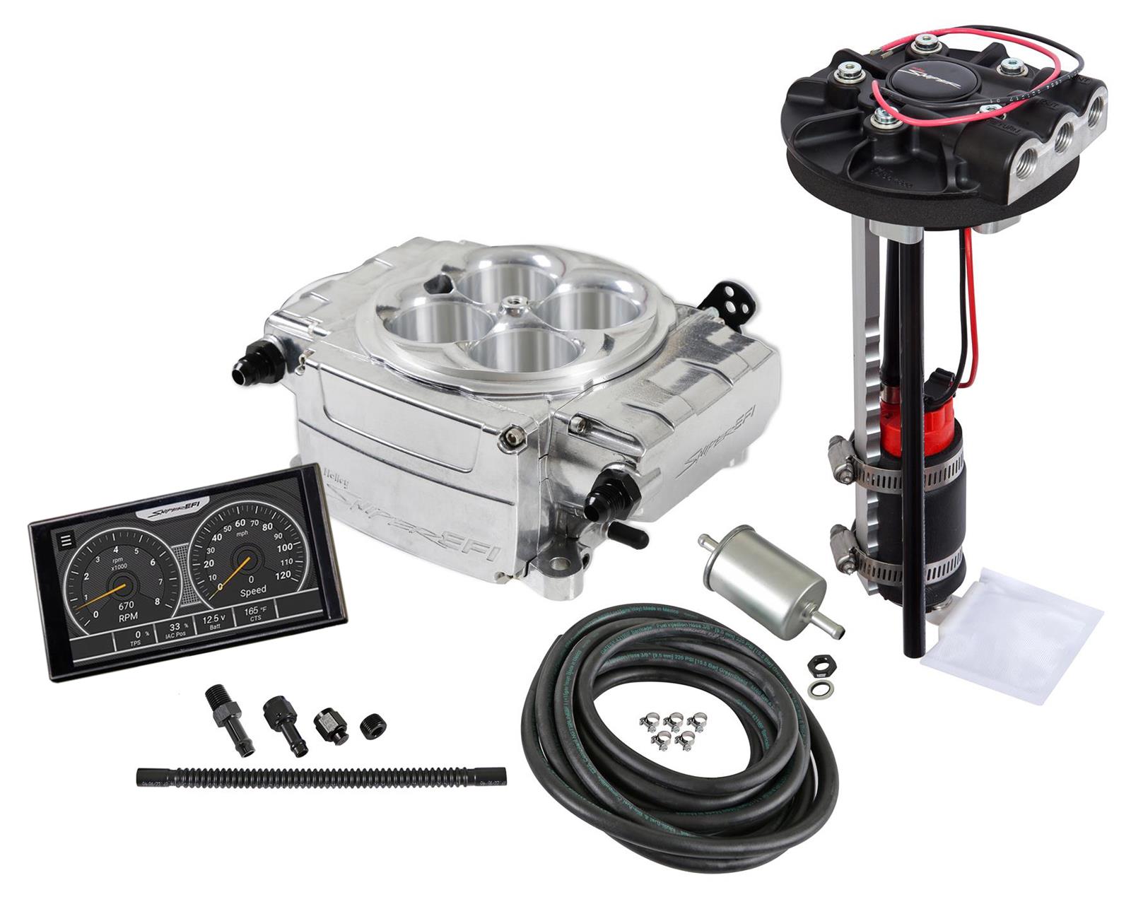 Holley Sniper 2 EFI 650 HP Returnless Fuel Injection Systems 550-510-5XD System, 2, Self-Tuning, Throttle body, Polished, 4150 Flange, hp Max, 800 CFM, Pump, 5 in. Display, Kit thumbnail 2