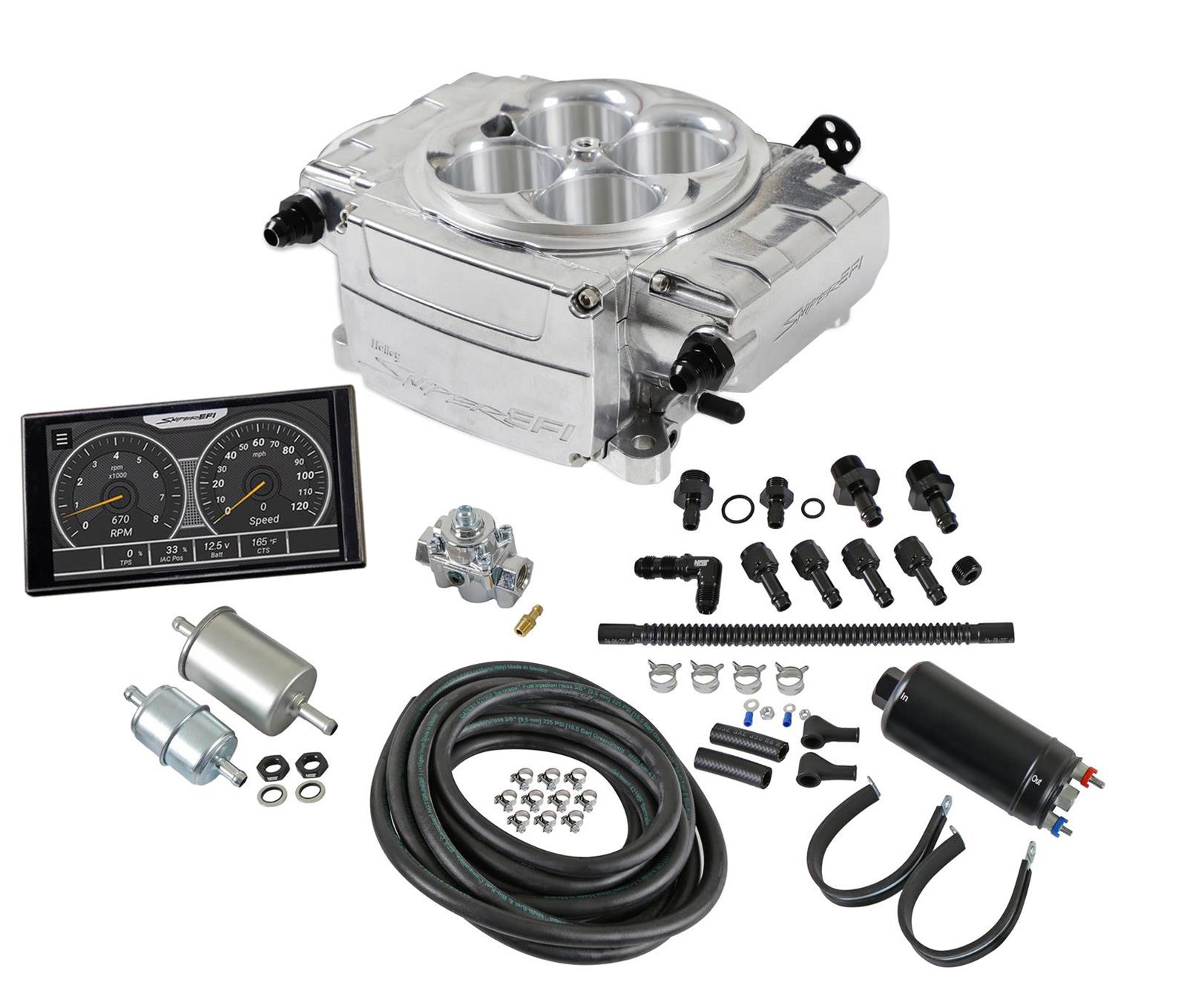 Holley Sniper 2 EFI 650 HP Inline Pump Fuel Injection Systems 550-510-5XK System, 2, Self-Tuning, Throttle body, Polished, 4150 Flange, hp Max, 800 CFM, Pump, 5 in. Display, Kit