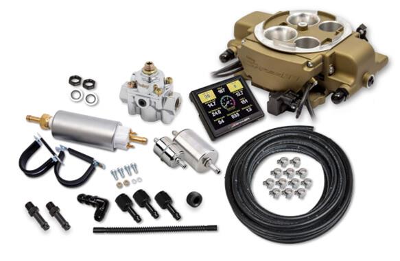 Holley Sniper EFI Quadrajet Self-Tuning Fuel Injection Systems 550-869K Systems, EFI, Quadrajet, Throttle Body, Gold, Spread Bore Flange, Injectors, Pump, 255 lph, Regulator, Harness, Tuner, Kit thumbnail 6