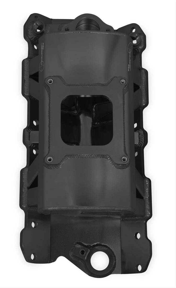 Holley Sniper Carbureted Fabricated Intake Manifolds 825012 Manifolds, Sniper, Carbureted, Single, 4150 Flange, 1,800-7,000 RPM, 6.875 in. Tall, Welded Aluminum, Black, Chevy, 262-400ci, Each thumbnail 6