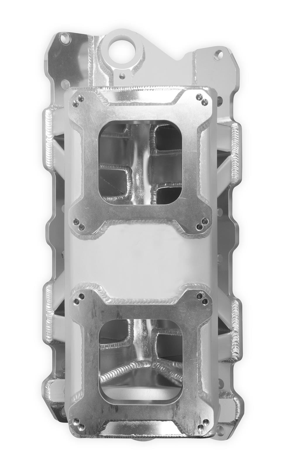 Holley Sniper Carbureted Fabricated Intake Manifolds 825071 Manifolds, Sniper, Carbureted, Dual, 4150 Flange, 1,800-7,000 RPM, 6.771 in. Tall, Welded Aluminum, Silver, Chevy, 262-400ci, Each thumbnail 6