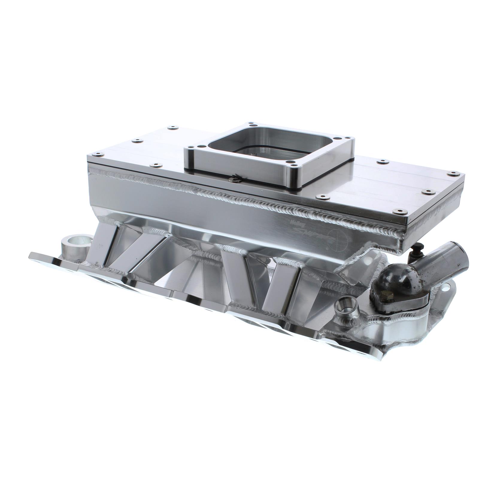 Holley Sniper Carbureted Fabricated Intake Manifolds 825131 Manifolds, Sniper, Carbureted, Single, 4500 Flange, 1,800-7,000 RPM, 8.503 in. Tall, Welded Aluminum, Silver, Chevy, 262-400ci, Each