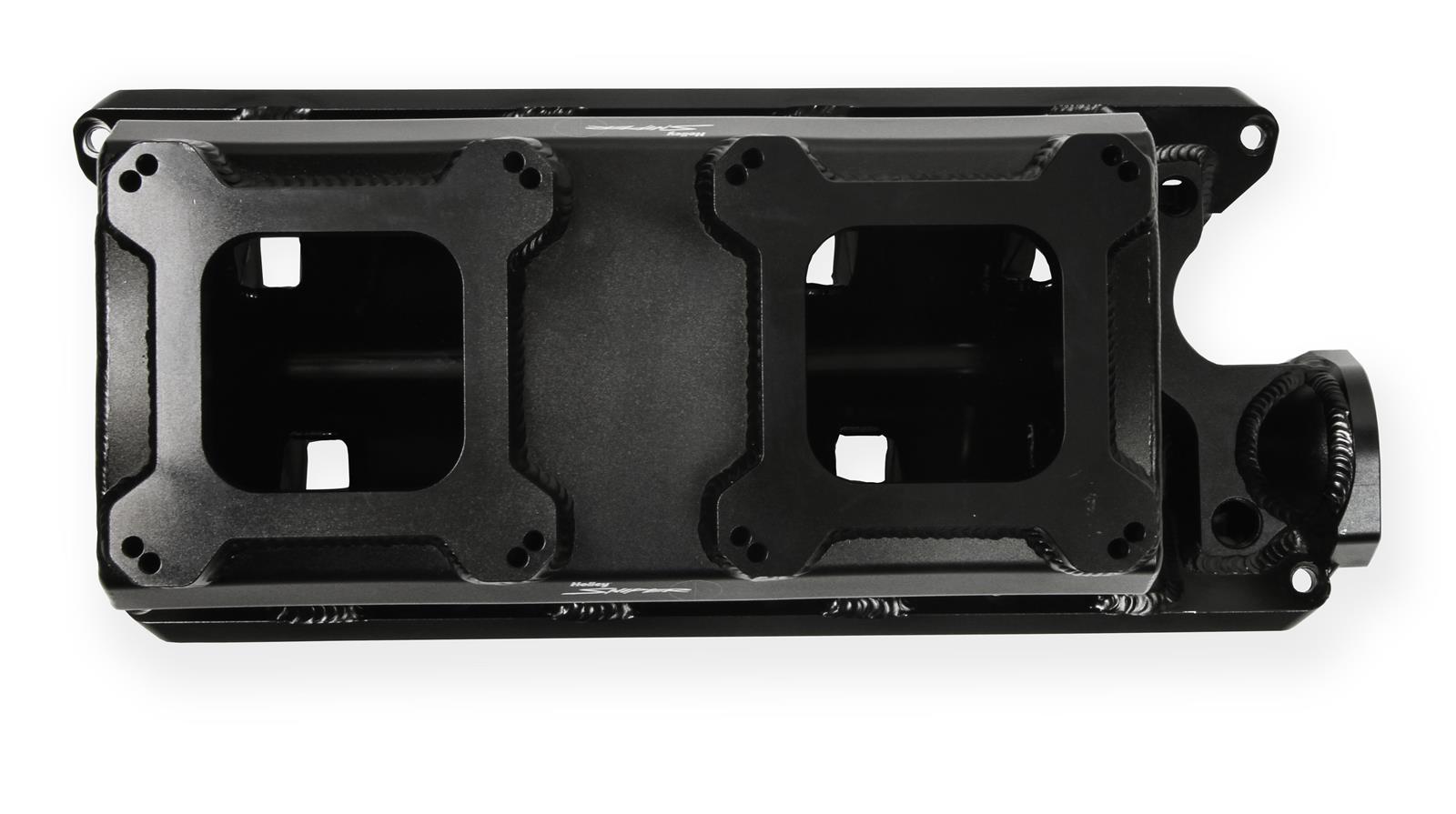 Holley Sniper Carbureted Fabricated Intake Manifolds 827072 Manifolds, Sniper, Carbureted, Dual, 8.50 in. Flange, 1,800-7,000 RPM, 6.875 in. Tall, Welded Aluminum, Black, Ford, 260-302ci, Windsor, Each thumbnail 5