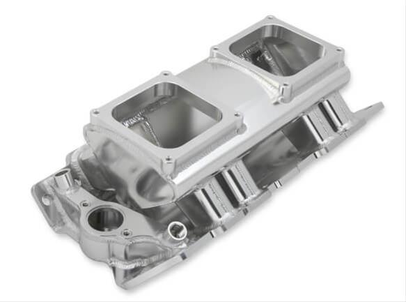 Holley Sniper Carbureted Fabricated Intake Manifolds 835171 Manifolds, Sniper, Carbureted, Dual, 4500 Flange, Rectangular Port, 1,800-7,000 RPM, Welded Aluminum, Silver, Chevy, 396-454ci, Each thumbnail 4