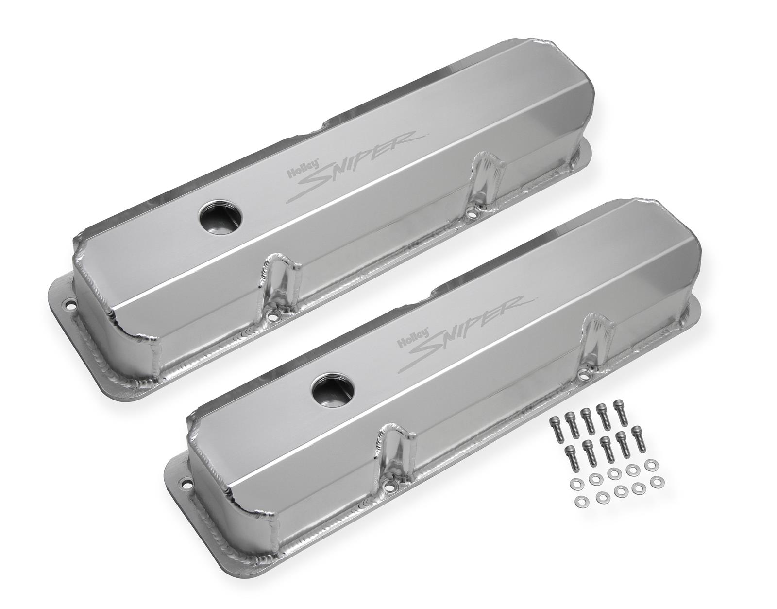 Holley Sniper Fabricated Aluminum Valve Covers 890001 Covers, EFI, Fabricated, Aluminum, 3.5 in. Tall, Baffled, Silver Gloss, 1.25 in. Breather Holes, Hardware, Ford, FE, 332-428ci, Pair thumbnail 3