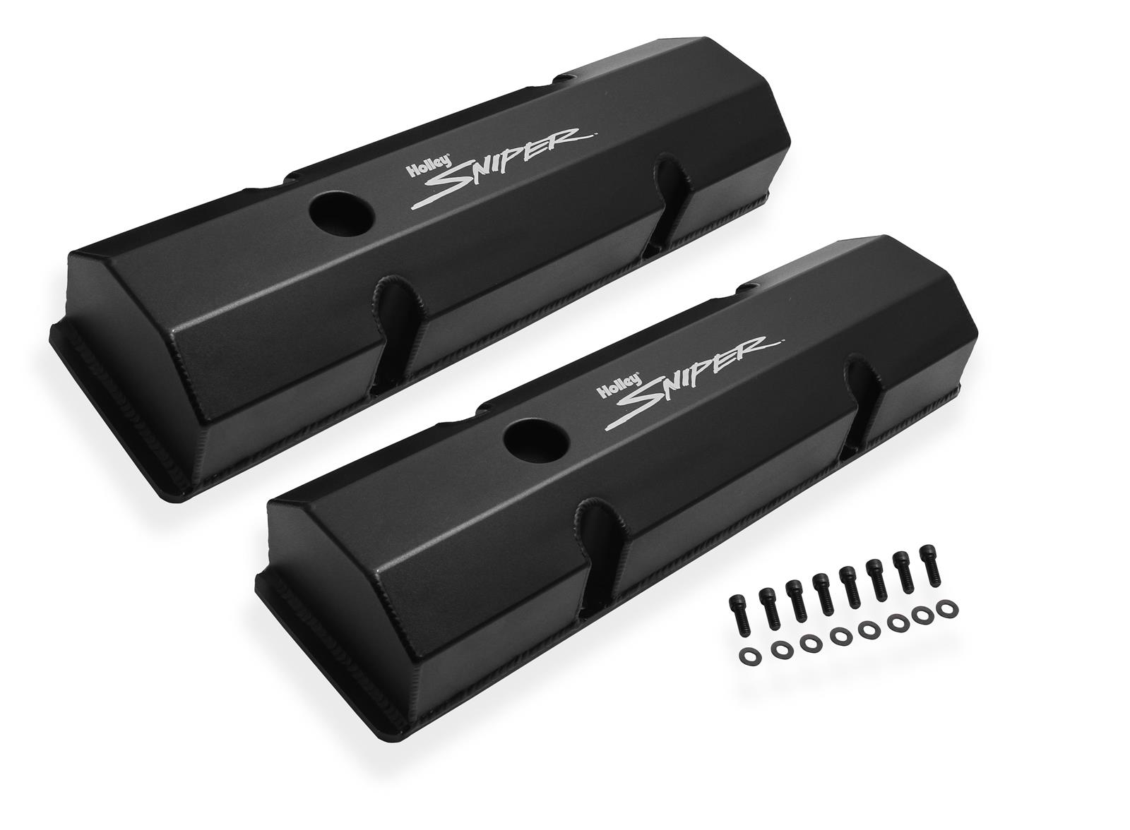 Holley Sniper Fabricated Aluminum Valve Covers 890010B Covers, EFI, Fabricated, Aluminum, Short, Baffled, Black Gloss, 1.25 in. Breather Holes, Hardware, Chevy, Small Block, 283-400ci, Pair thumbnail 2