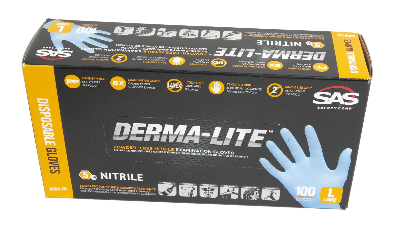 SAS Safety 6608-20 Derma-Lite Powder Free Disposable Nitrile Gloves-Large-Case 