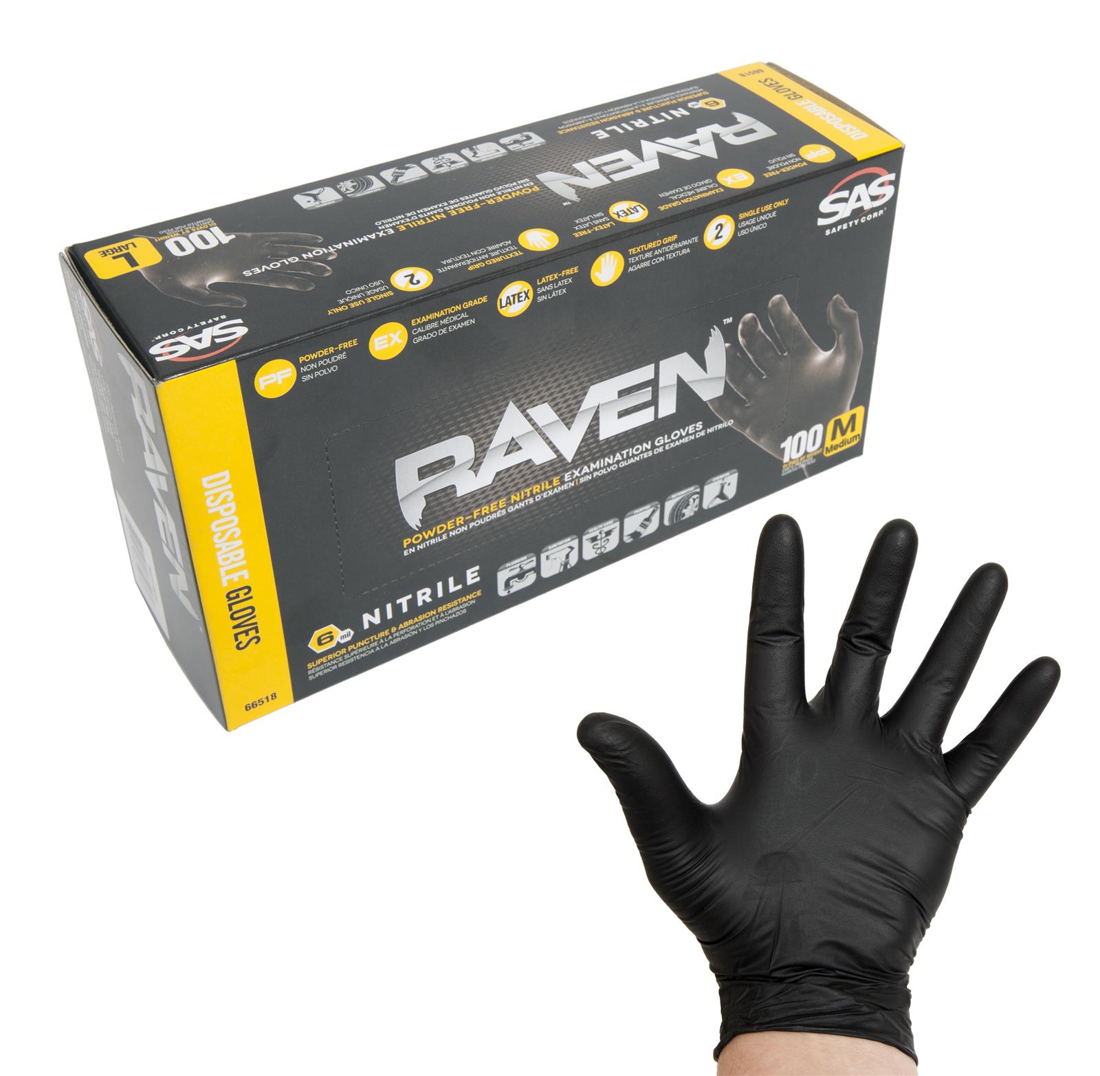 Medium SAS Safety 66517 Raven Powder-Free Disposable Black Nitrile 6 Mil Gloves