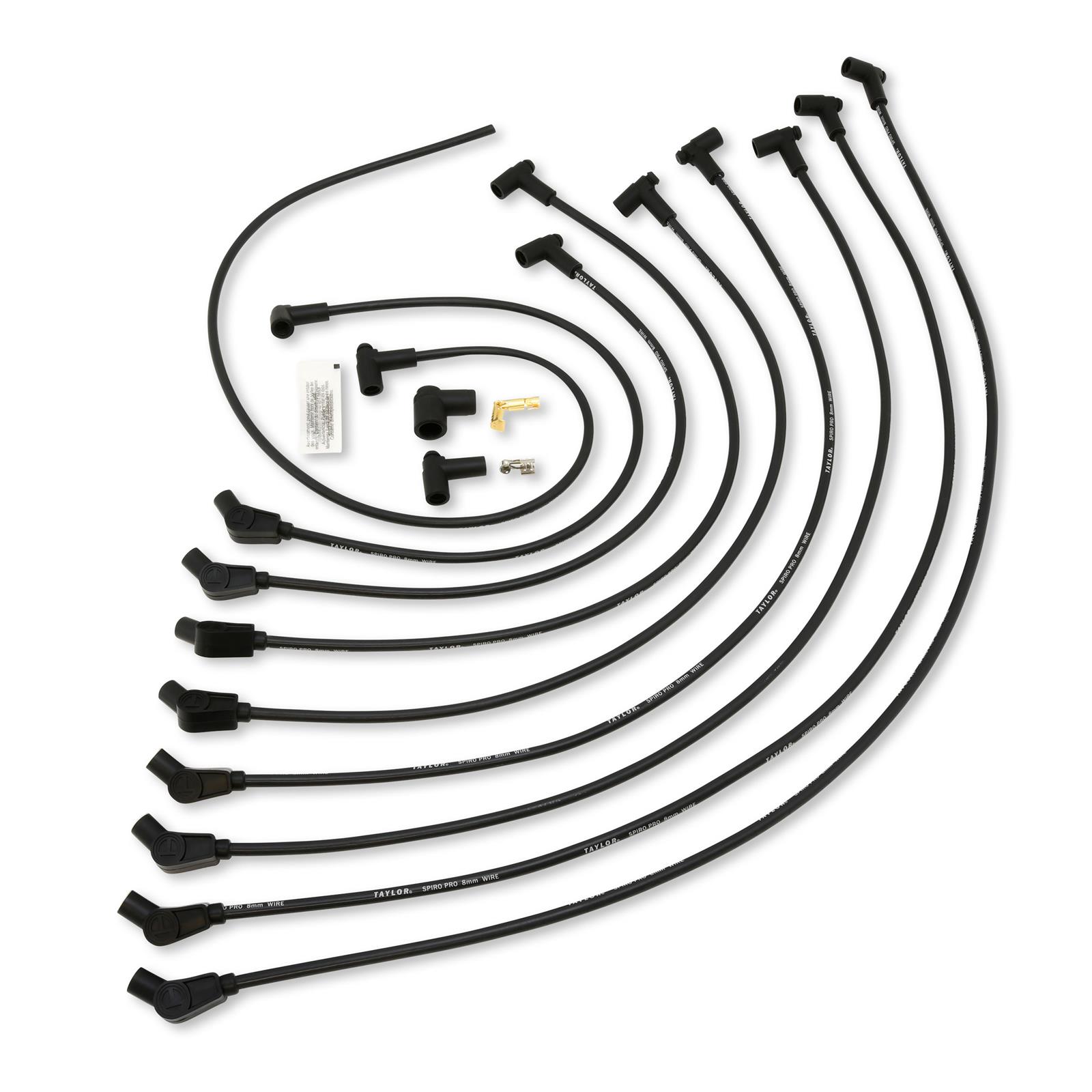Taylor Spiro-Pro Race-Fit Spiro-Wound Core Spark Plug Wire Sets 76032 Wires, Race-Fit, 8mm, Black, 135 Degree Boots, Chevy, Big Block, V8, Set
