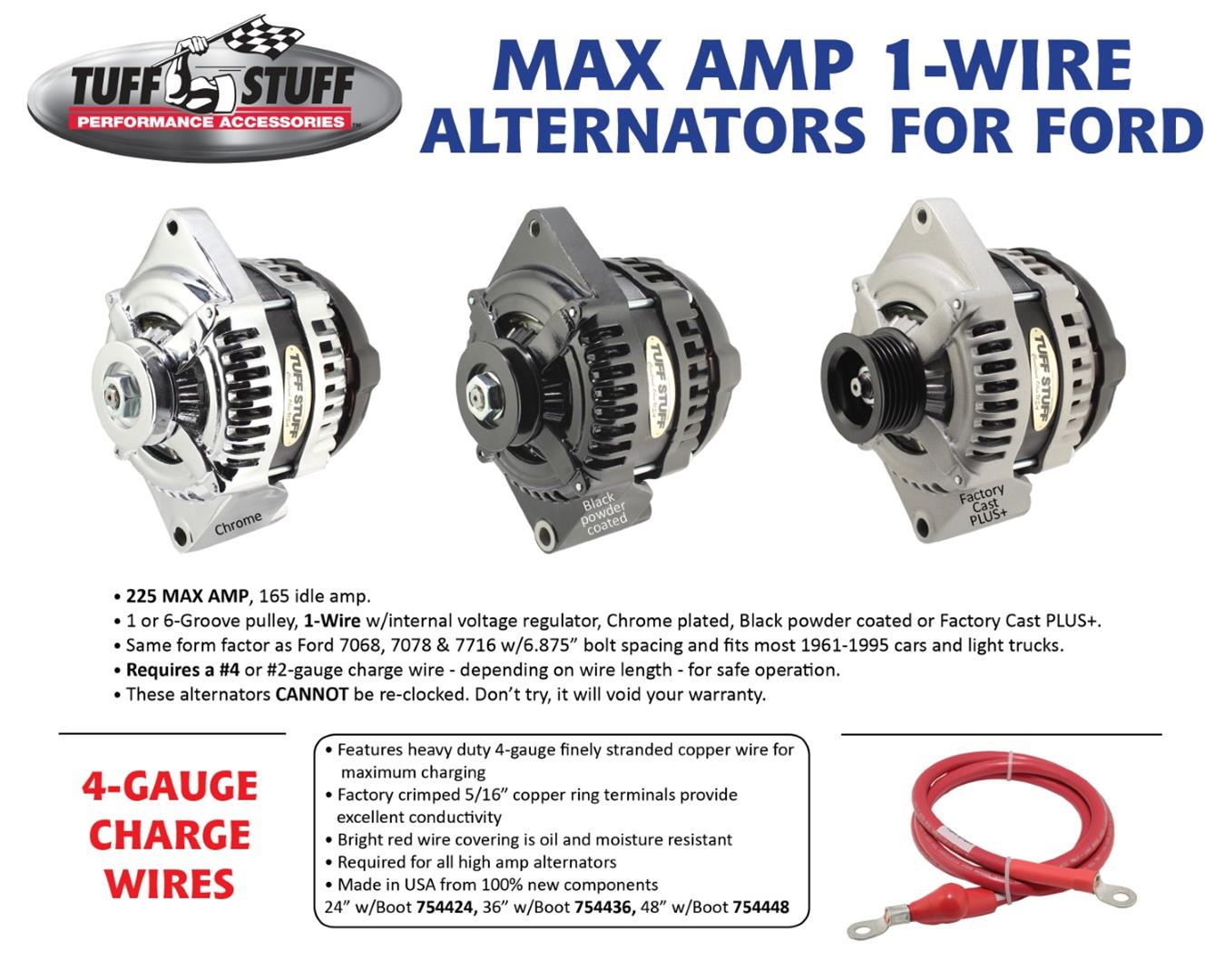 Tuff Stuff Performance MAX AMP Output Factory Cast-Plus Alternators 8441FC6G1W Alternator, Internal Regulator, 225 Amp, One Wire, Serpentine Pulley, Cast Plus Finish, Ford, Each thumbnail 3