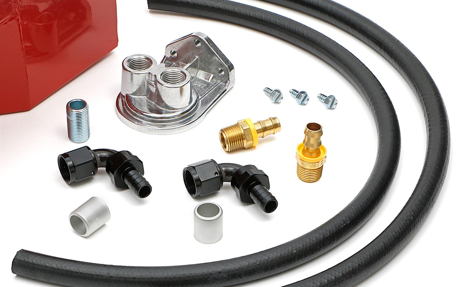 Trans-Dapt Performance Products Oil Pans 0175 Pan & Filter Kit, LS Engine Swap Pan & Remote Sngl Filter Base Combo Kit; Vertical Port, Red Pan 5Qt