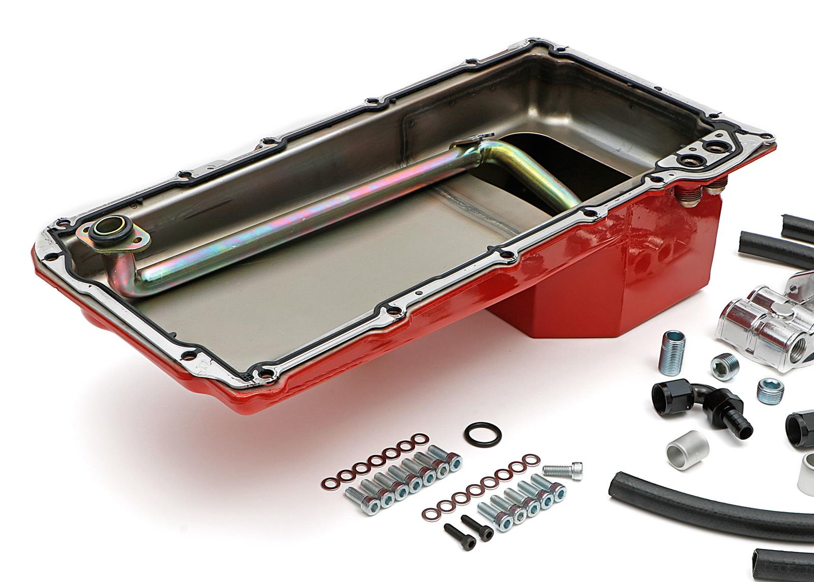 Trans-Dapt Performance Products Oil Pans 0176 Engine Pan Kit, LS Swap Pan/Filter Reocation Kit; Single Filter; Horizontal Port, Red Pan