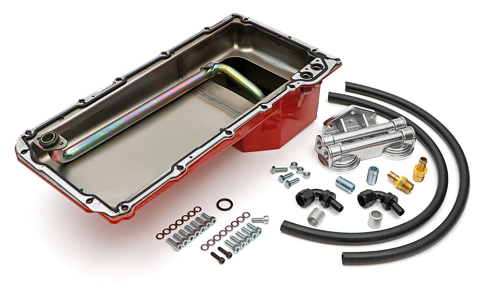 Trans-Dapt Performance Products Oil Pans 0177 Pan & Filter Kit, LS Engine Swap Pan & Remote Dbl Filter Base Combo Kit; Horizontal Port, Red Pan 5Qt thumbnail 2