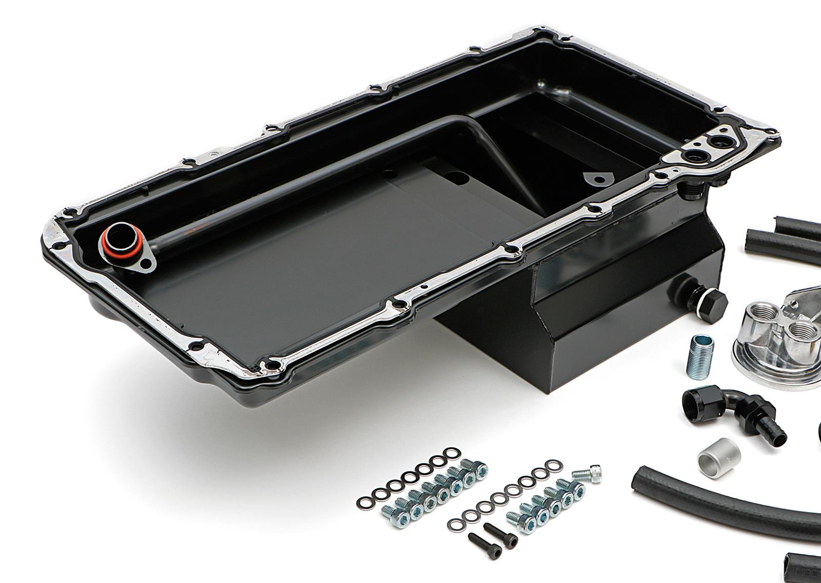 Trans-Dapt Performance Products Oil Pans 0180 Pan & Filter Kit, LS Engine Swap Pan & Remote Sngl Filter Base Combo Kit; Vertical Port, Black Pan 7Qt