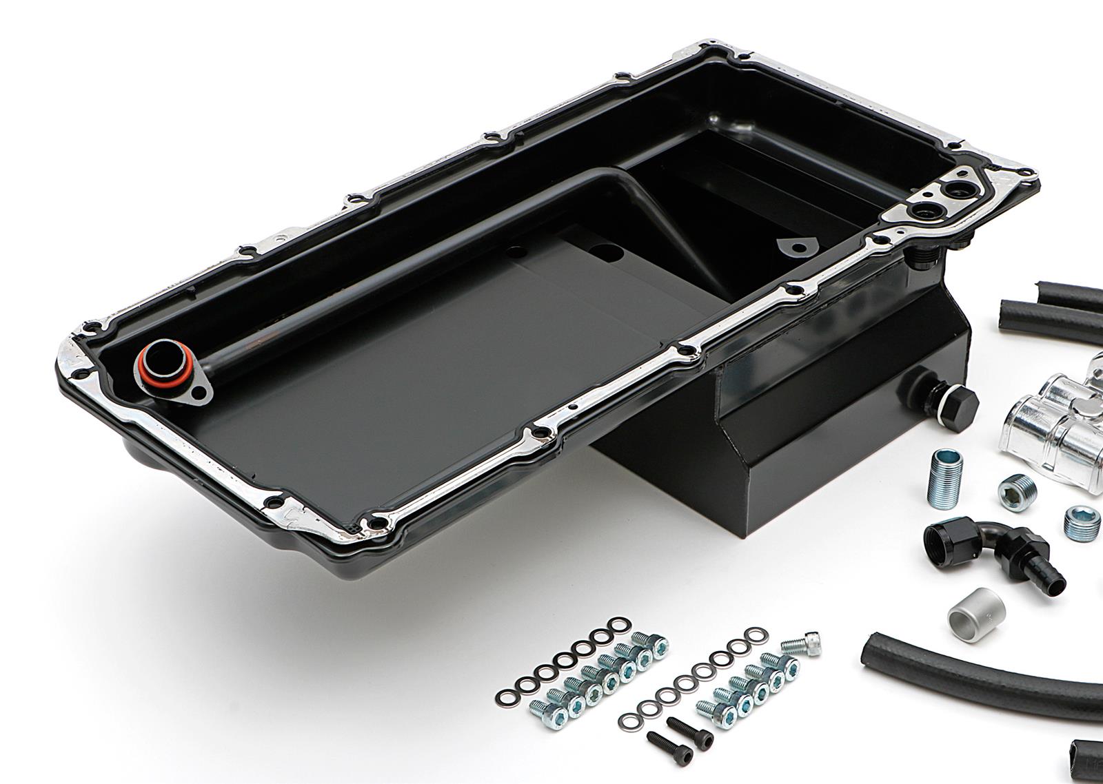 Trans-Dapt Performance Products Oil Pans 0181 Pan & Filter Kit, LS Engine Swap Pan & Remote Sngl Filter Base Combo Kit; Horizontal Port, Black Pan 7Qt