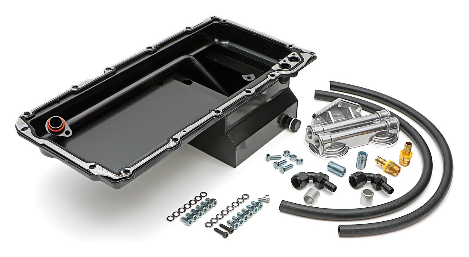 Trans-Dapt Performance Products Oil Pans 0182 Pan & Filter Kit, LS Engine Swap Pan & Remote Dbl Filter Base Combo Kit; Horizontal Port, Black Pan 7Qt