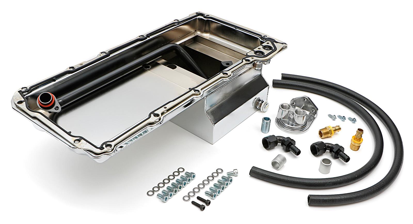 Trans-Dapt Performance Products Oil Pans 0183 Pan & Filter Kit, LS Engine Swap Pan & Remote Sngl Filter Base Combo Kit; Vertical Port, Chrome Pan 7Qt thumbnail 2