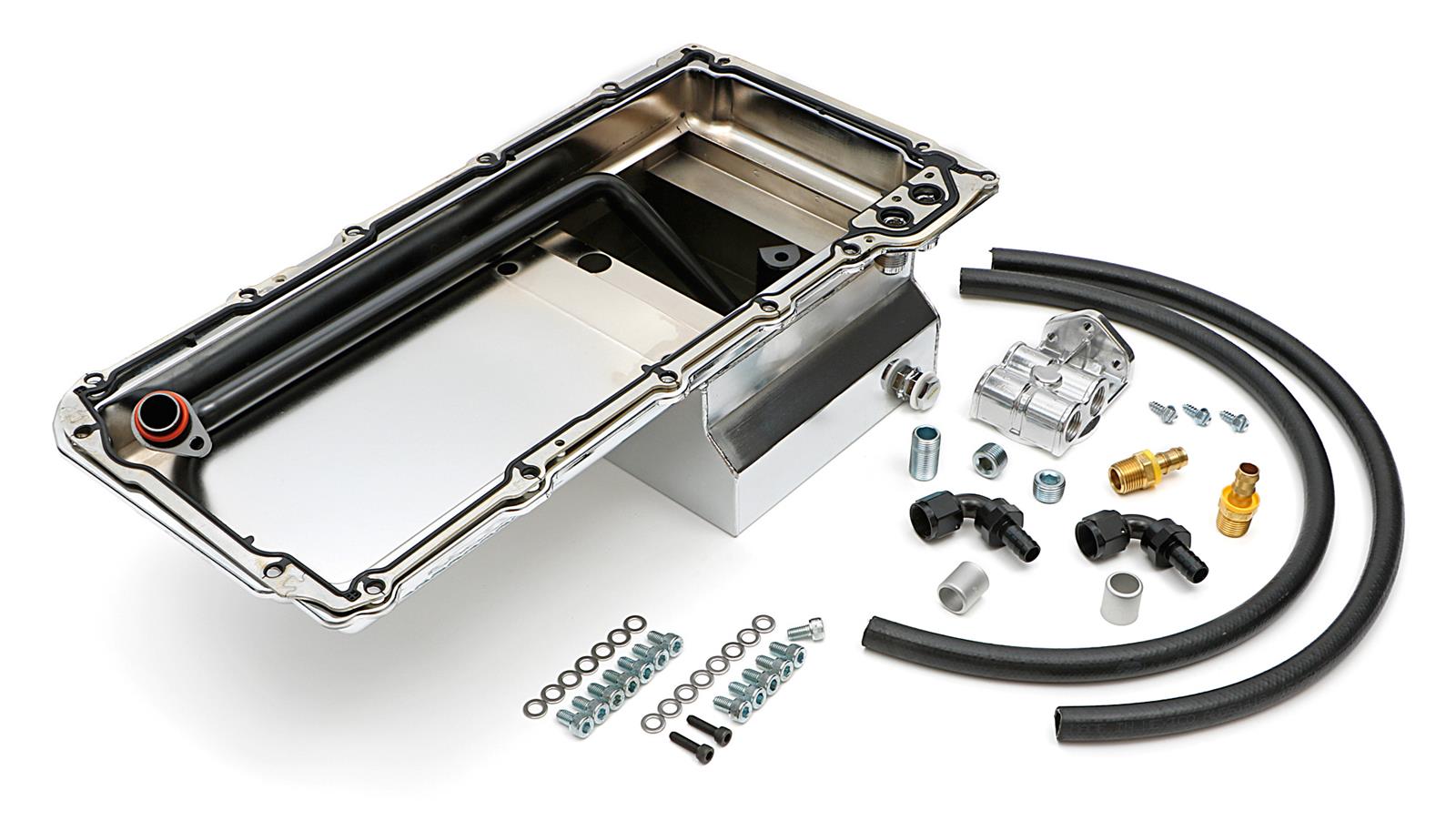 Trans-Dapt Performance Products Oil Pans 0184 Pan & Filter Kit, LS Engine Swap Pan & Remote Sngl Filter Base Combo Kit; Horizontal Port, Chrome Pan 7Qt thumbnail 2
