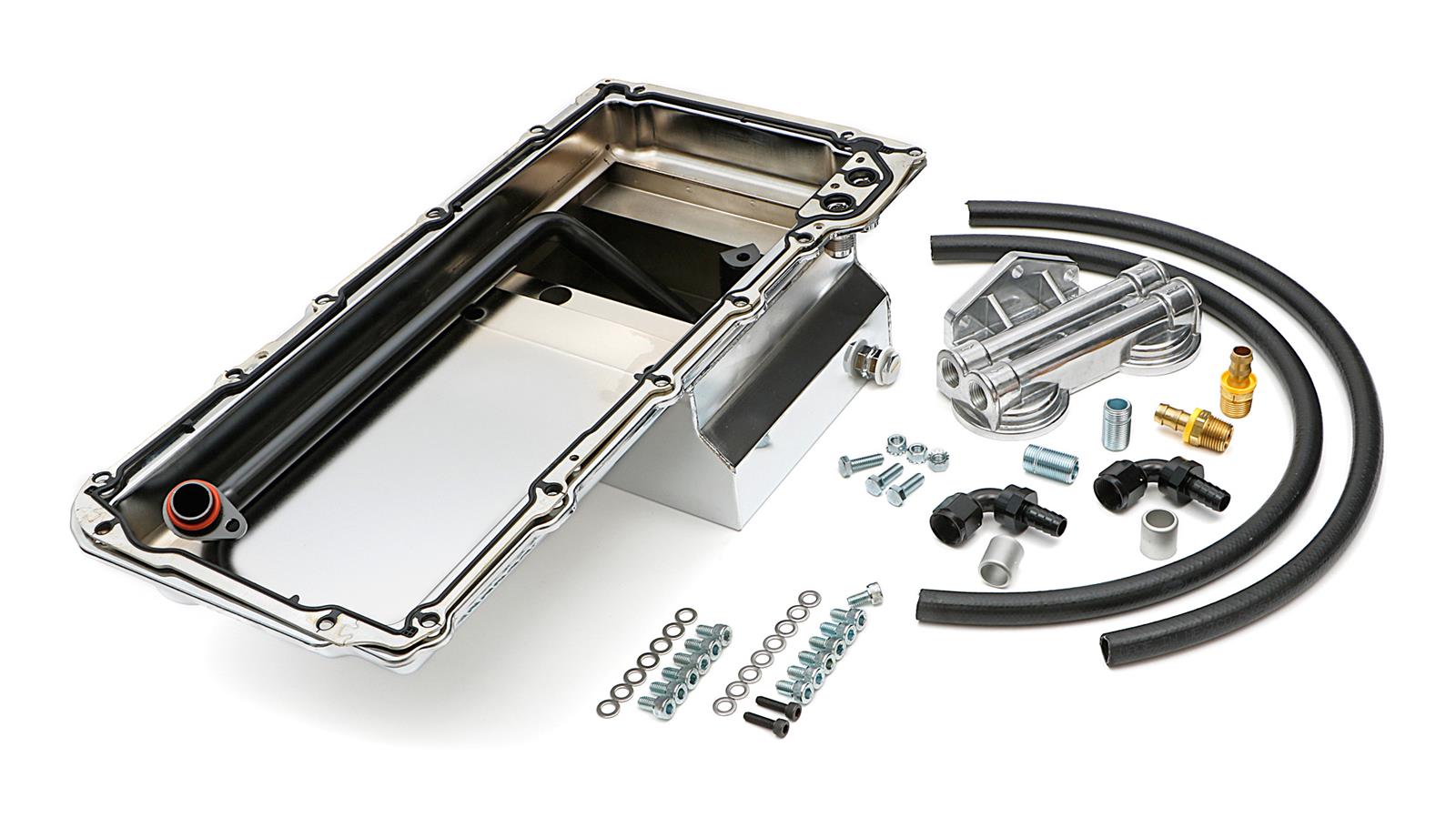 Trans-Dapt Performance Products Oil Pans 0185 Pan & Filter Kit, LS Engine Swap Pan & Remote Dbl Filter Base Combo Kit; Horizontal Port, Chrome Pan 7Qt thumbnail 2