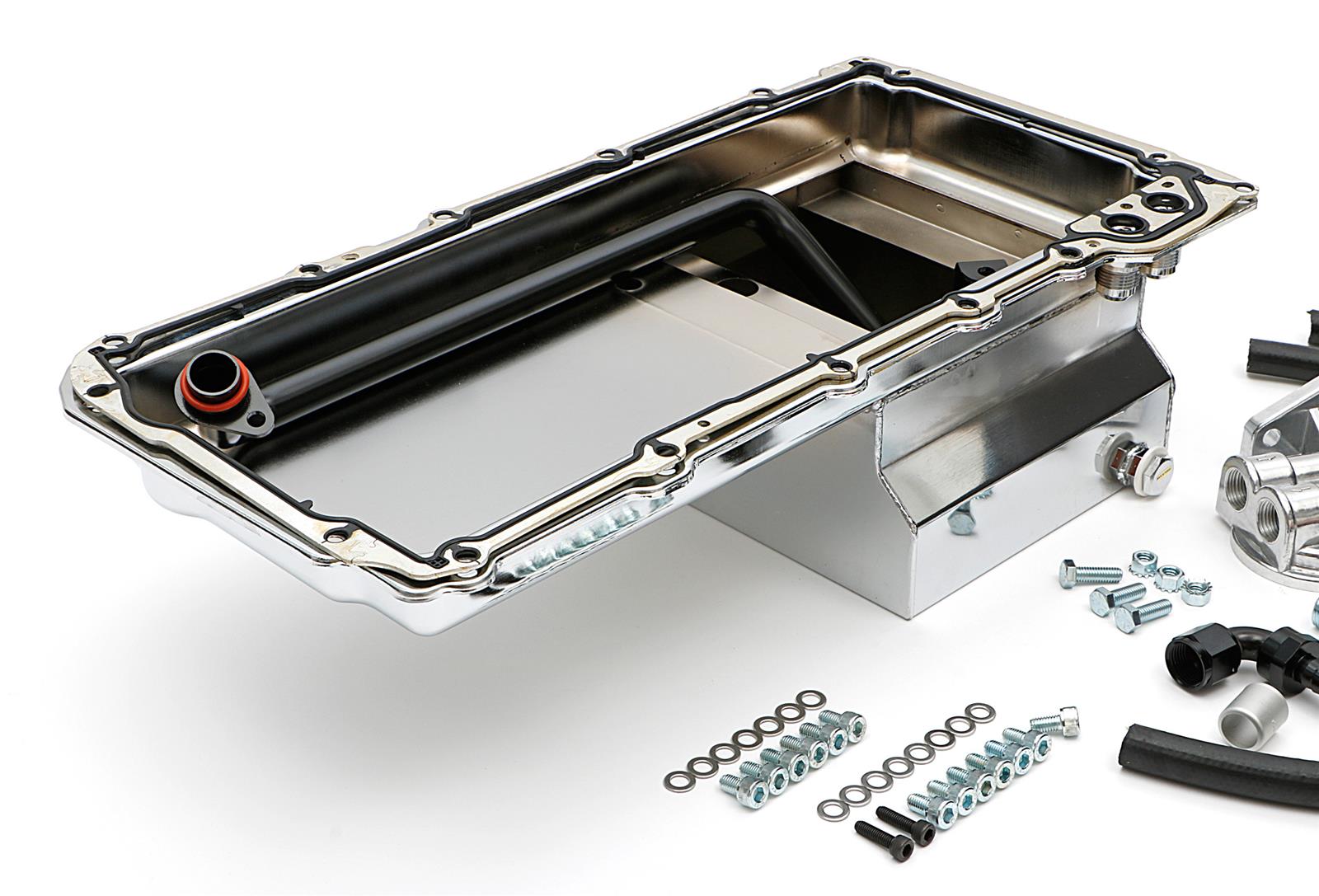 Trans-Dapt Performance Products Oil Pans 0185 Pan & Filter Kit, LS Engine Swap Pan & Remote Dbl Filter Base Combo Kit; Horizontal Port, Chrome Pan 7Qt