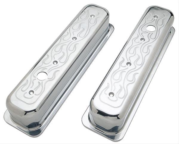 Trans-Dapt Performance Diecast Aluminum Valve Covers 6987 Covers, Tall, Cast Aluminum, Polished, Flames, Centerbolt, Chevy, Small Block, Pair