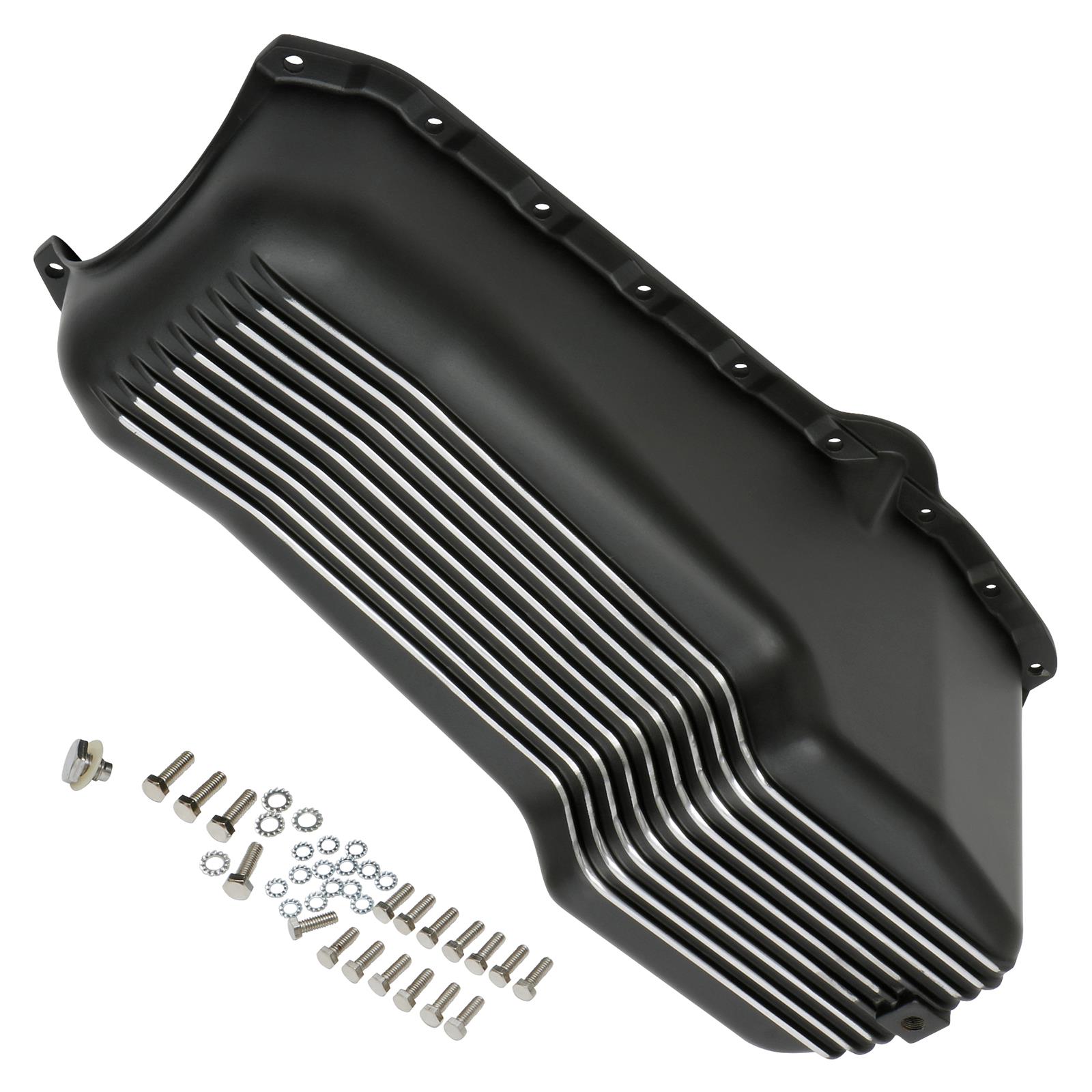 Trans-Dapt Performance Products Oil Pans 7424 Pan, Early Small Block Chevy Finned Aluminum Pan Black