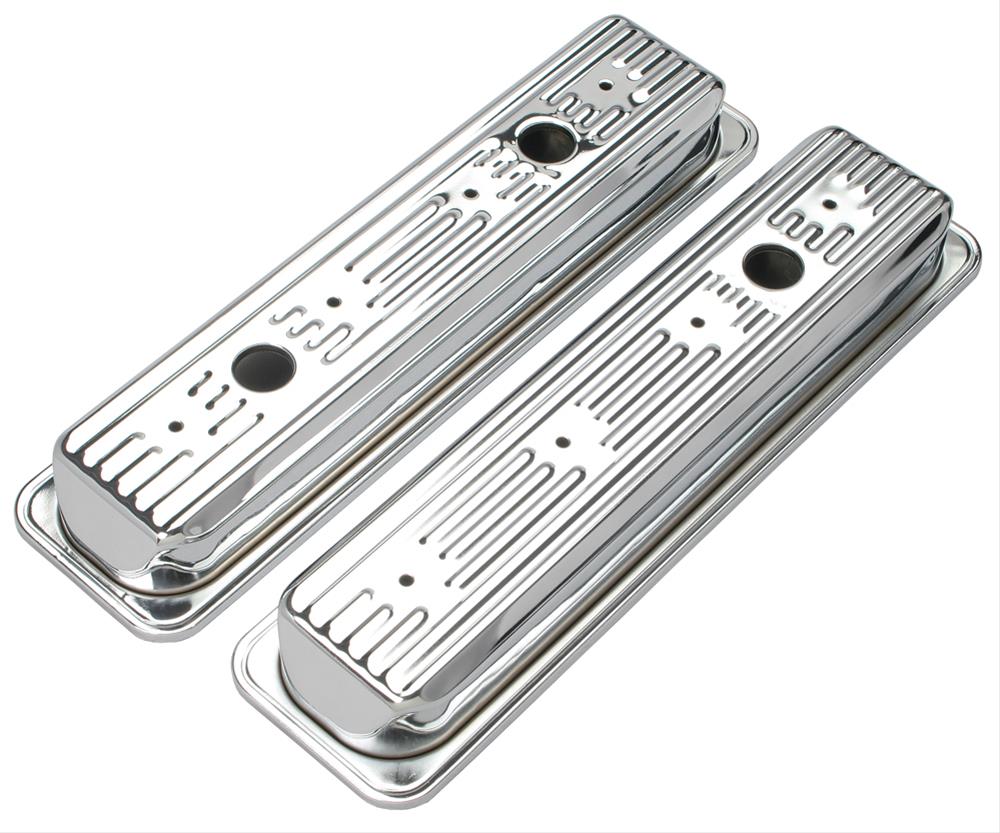 Trans-Dapt Performance Chrome Valve Covers 9702 Covers, Stock Height, Steel, Chrome, Plain, Centerbolt, Chevy, Small Block, Pair