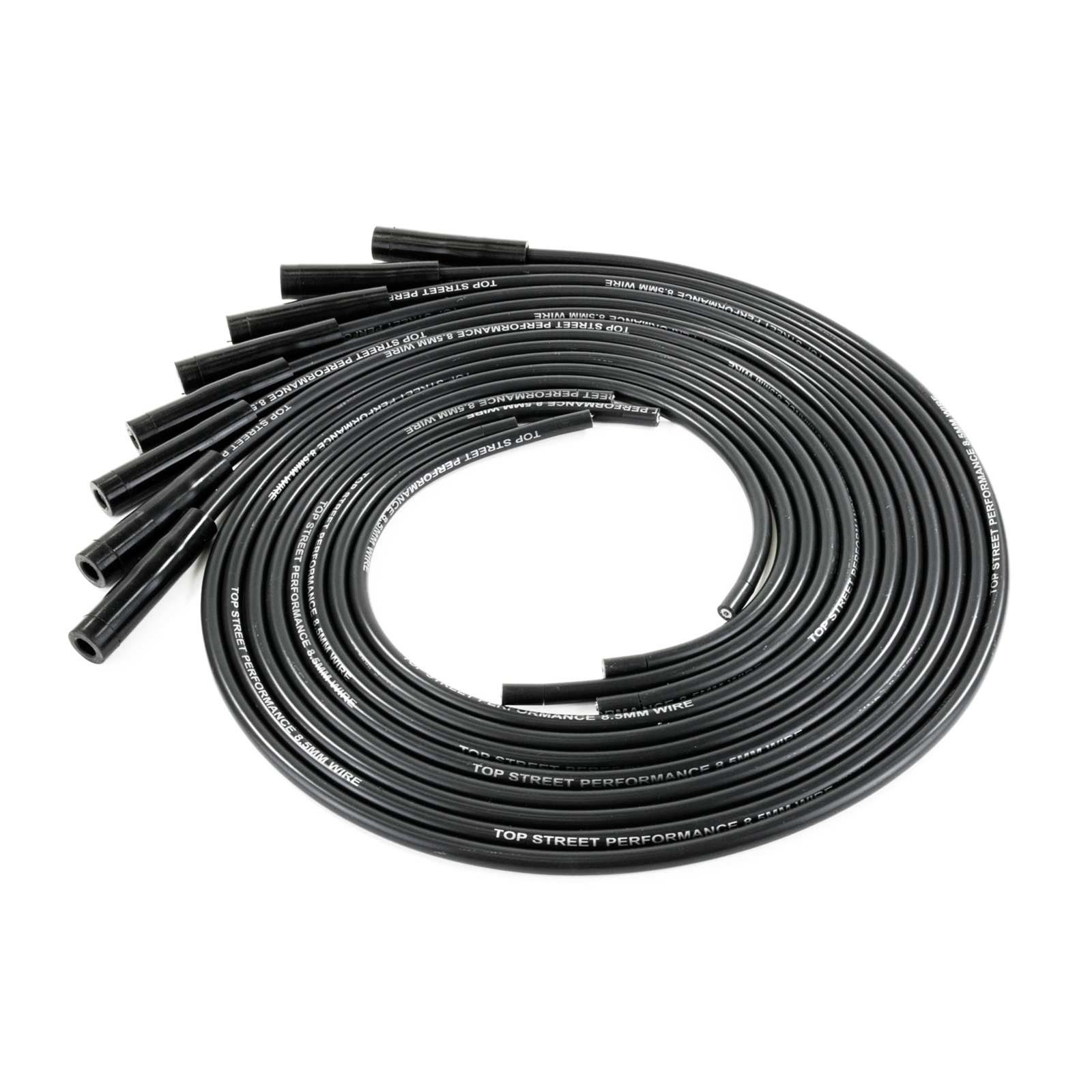 Top Street Performance Premium Spark Plug Wire Sets 85080 Sets, 8.5mm, Spiral Core, Black Wire, 180 Degree Boots, Universal, Set