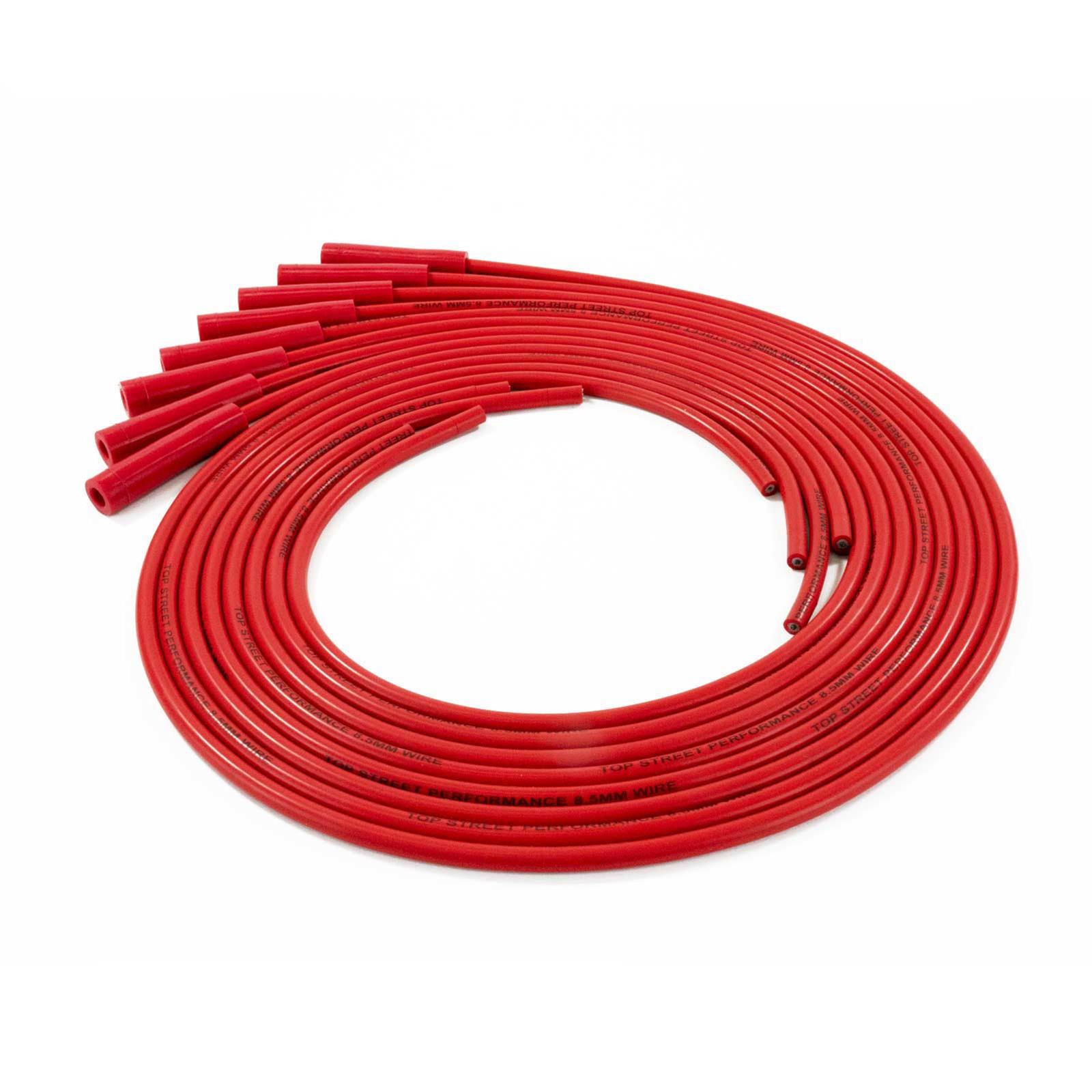 Top Street Performance Premium Spark Plug Wire Sets 85280 Sets, 8.5mm, Spiral Core, Red Wire, 180 Degree Boots, Universal, Set