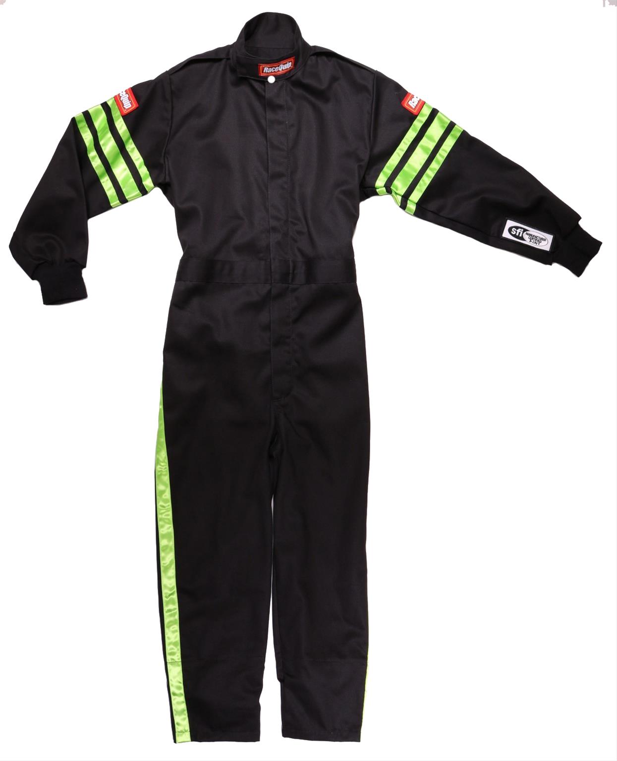 RaceQuip SFI-1 Pro-1 Single Layer Kids Suits 1950792RQP Driving Suits, Suits, One-piece, Pyrovatex, Black with Green Stripe, SFI 3.2A/1, Youth Small, Each