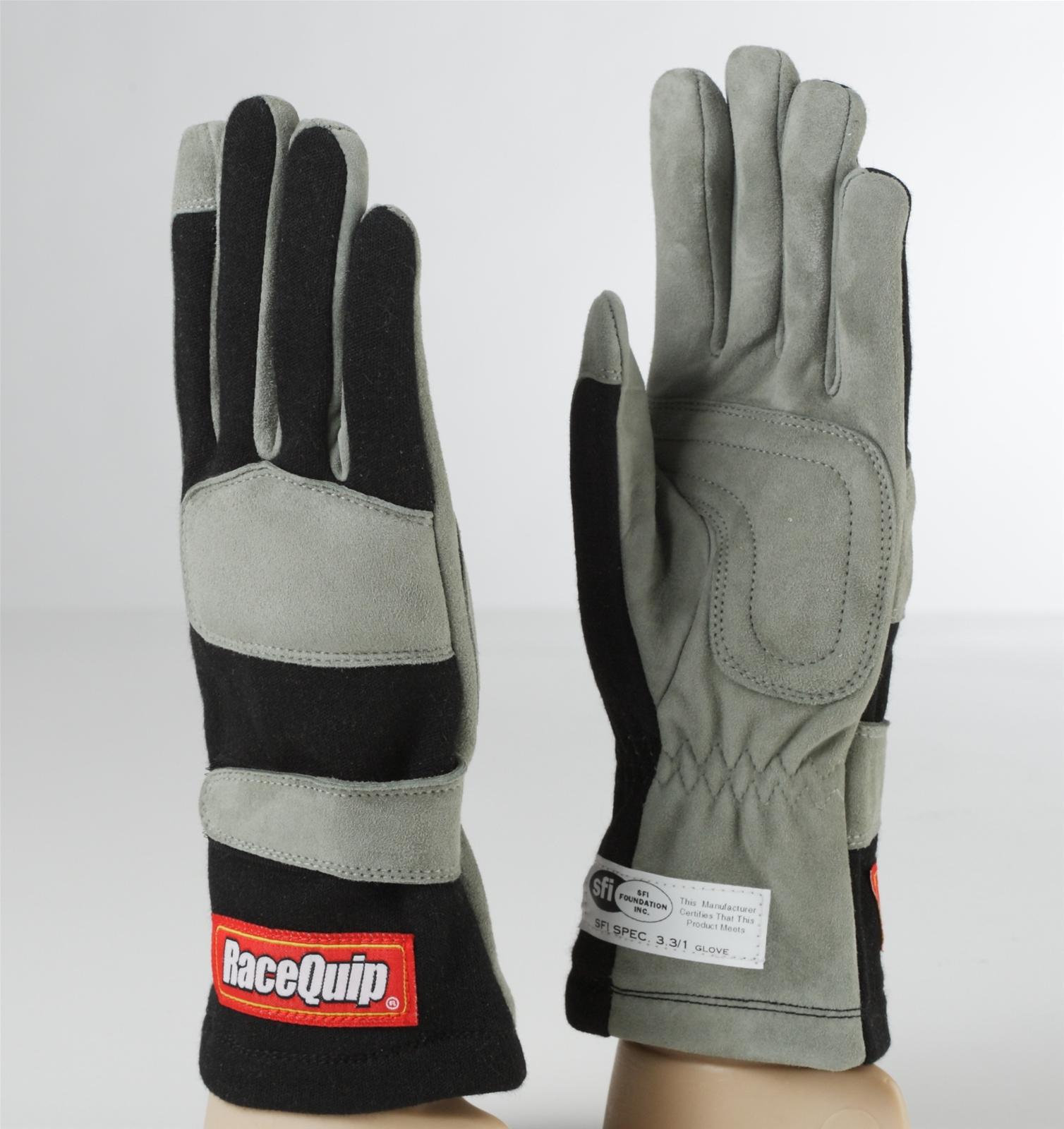 RaceQuip 351 Gloves 351002RQP Driving Gloves, 351, Single-Layer, Nomex/Leather, Black/Gray, Men's Small, SFI 3.3/1, Pair