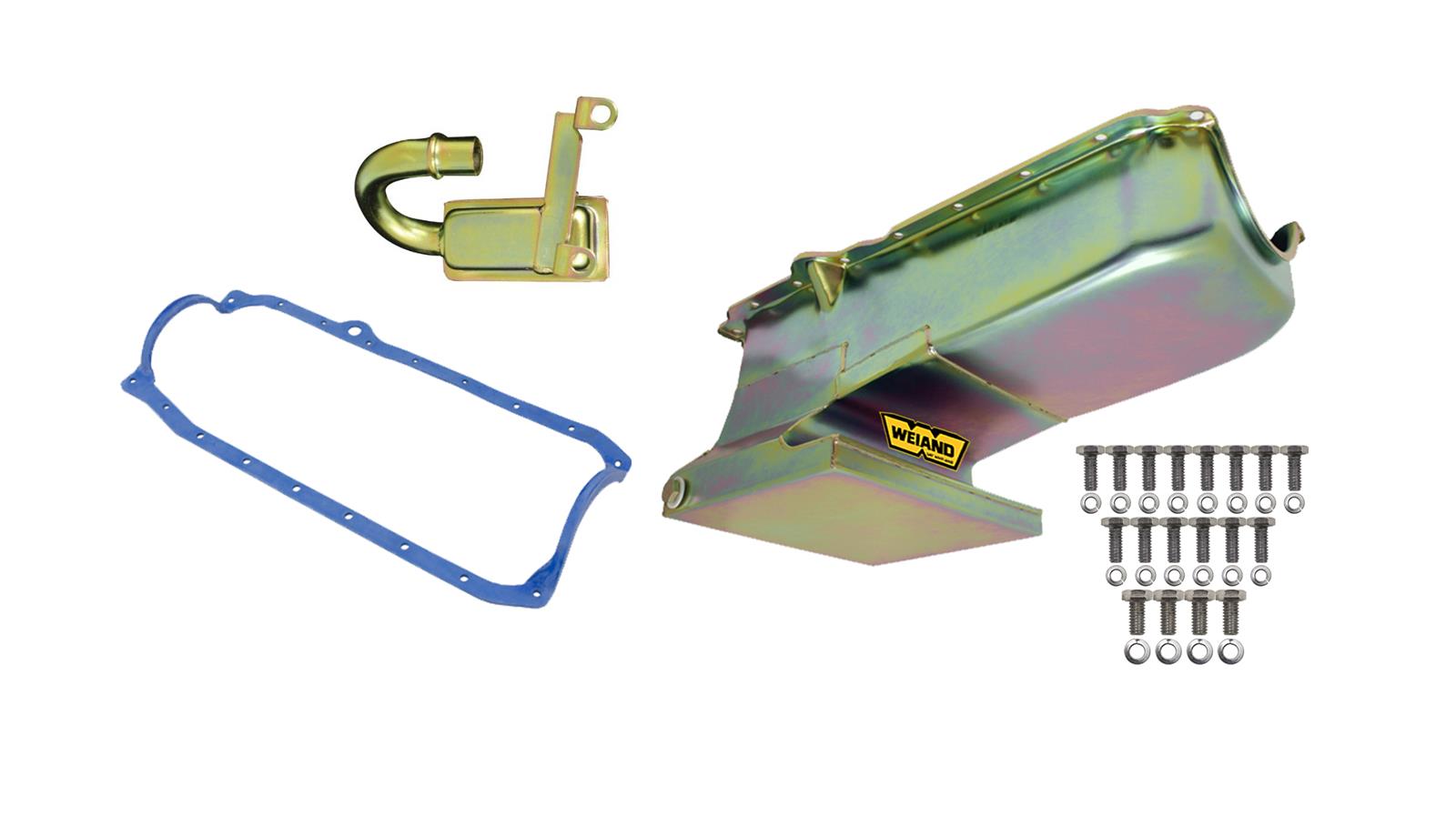 Weiand Oil Pan Packages 5023WND Pan, Wet, Rear Sump, 6.00 qts., Steel, Zinc Iridited, 8.125 in. Depth, Pickup, Chevy, 305, 350, Kit